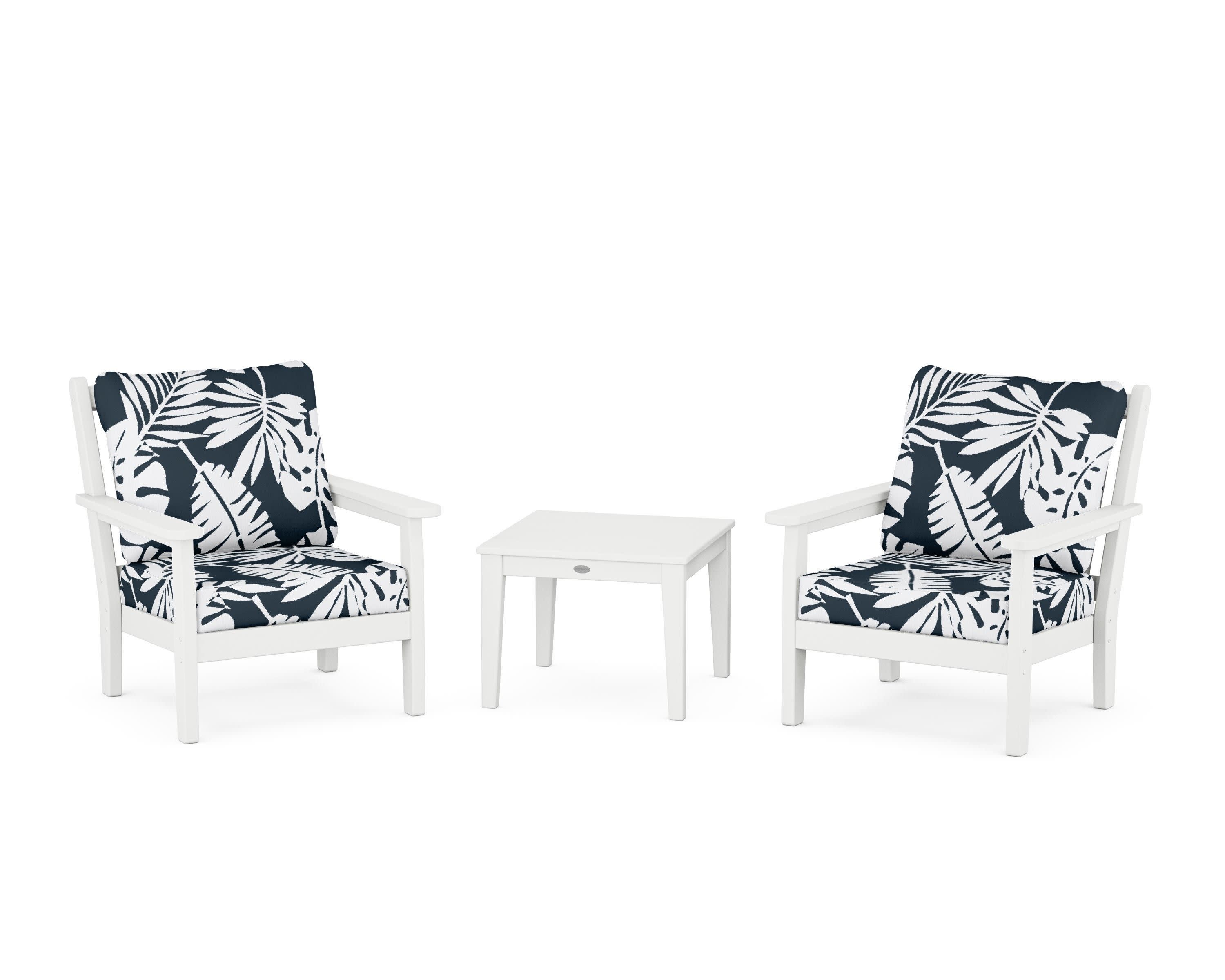 Chippendale 3-Piece Deep Seating Set in White / Leaf Marine Indigo