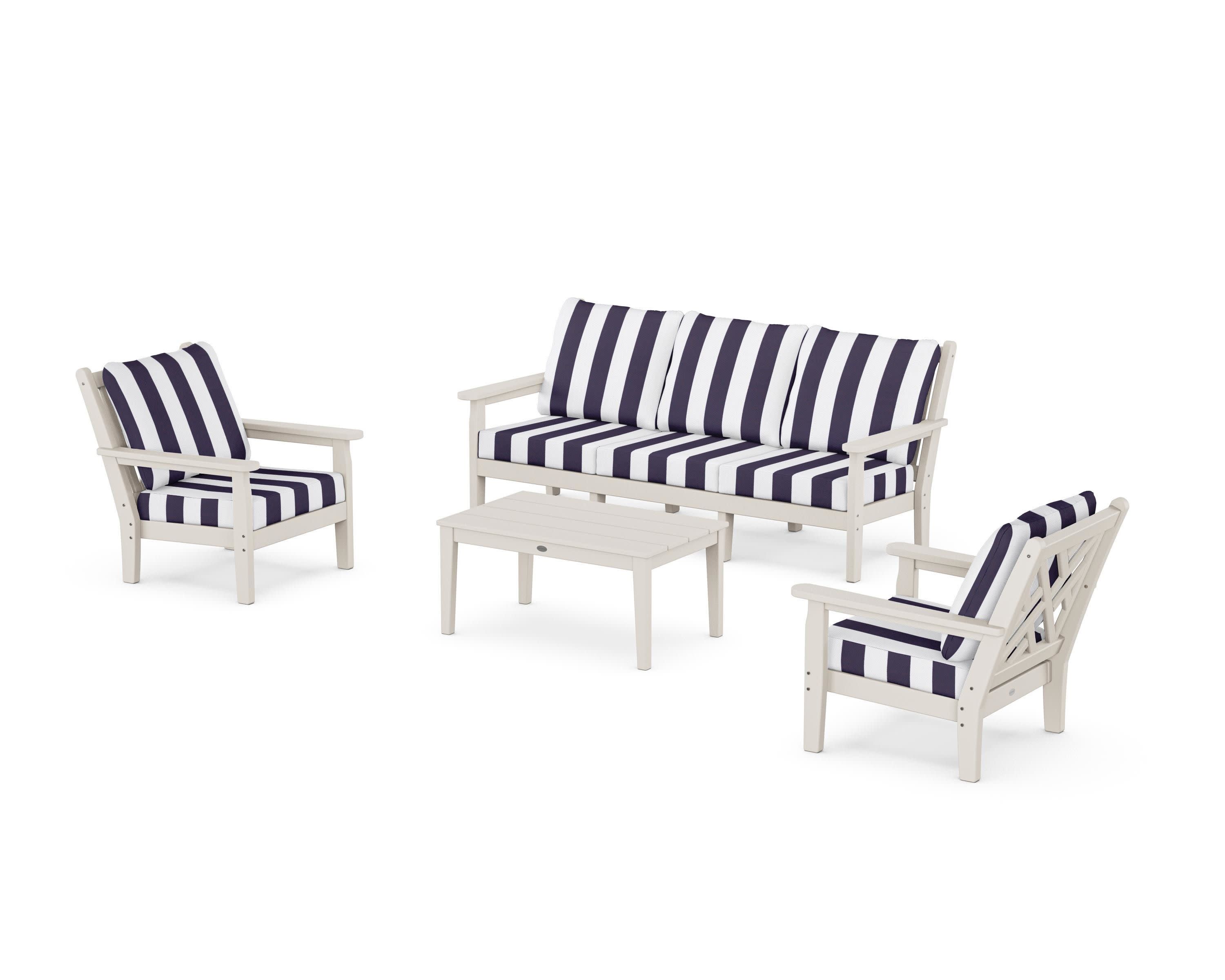 Chippendale 4-Piece Deep Seating Set with Sofa in Sand / Cabana Stripe Navy
