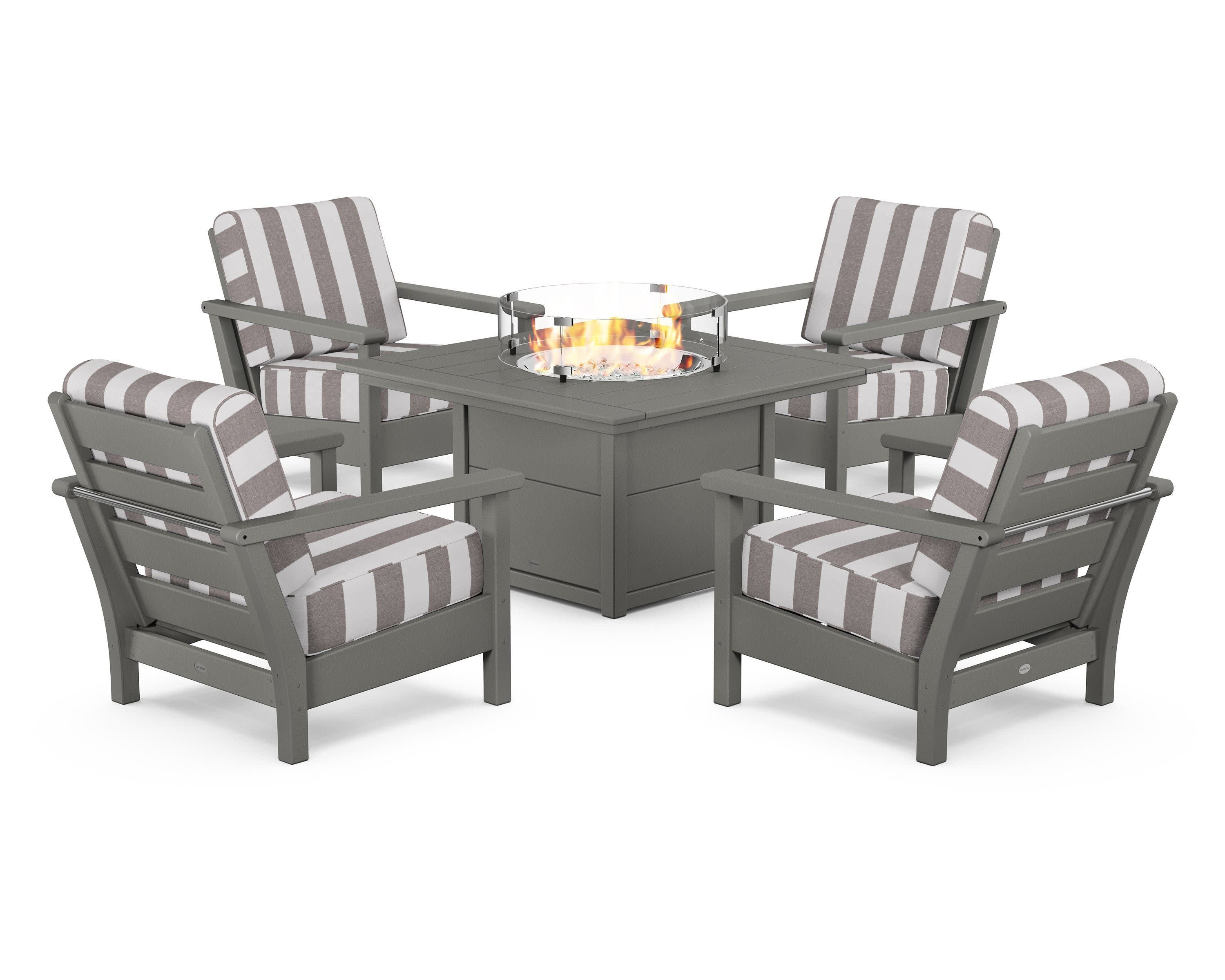 Harbour 5-Piece Conversation Set with Fire Pit Table in Slate Grey / Cabana Stripe Grey Mist
