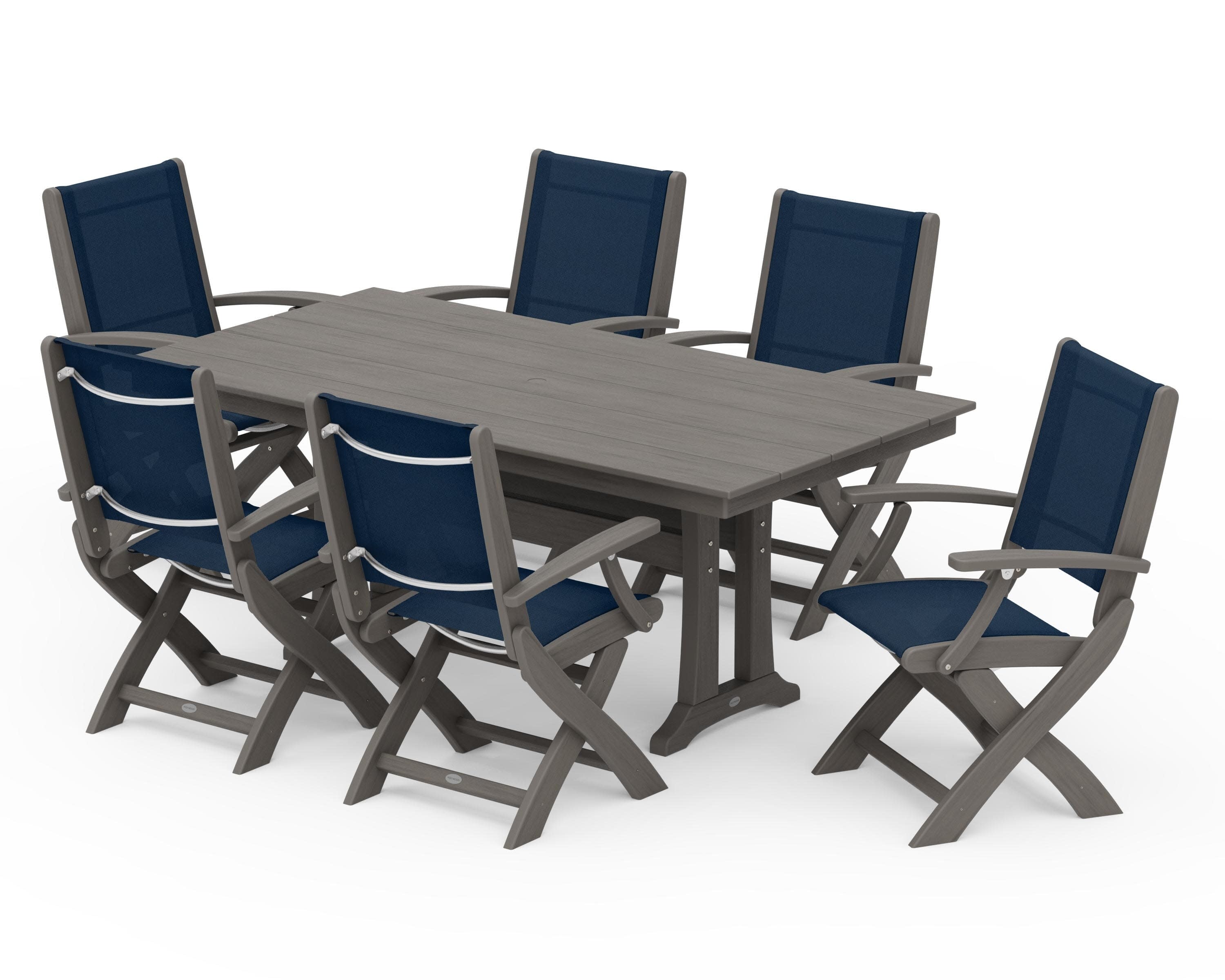 Coastal Folding Arm Chair 7-Piece Farmhouse Dining Set with Trestle Legs in Driftwood / Navy Blue Sling