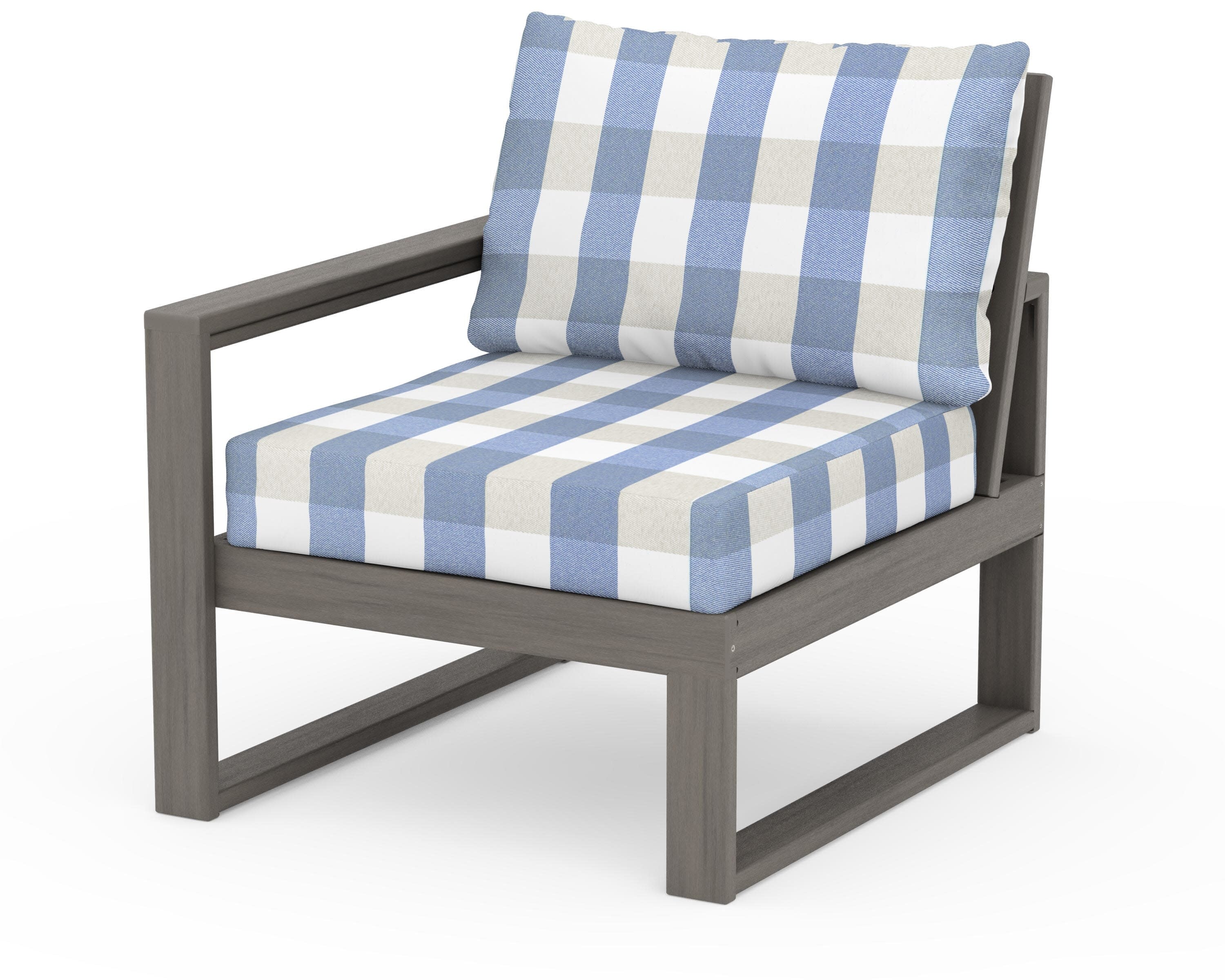 EDGE Modular Left Arm Chair in Driftwood / Buffalo Plaid Sky Blue