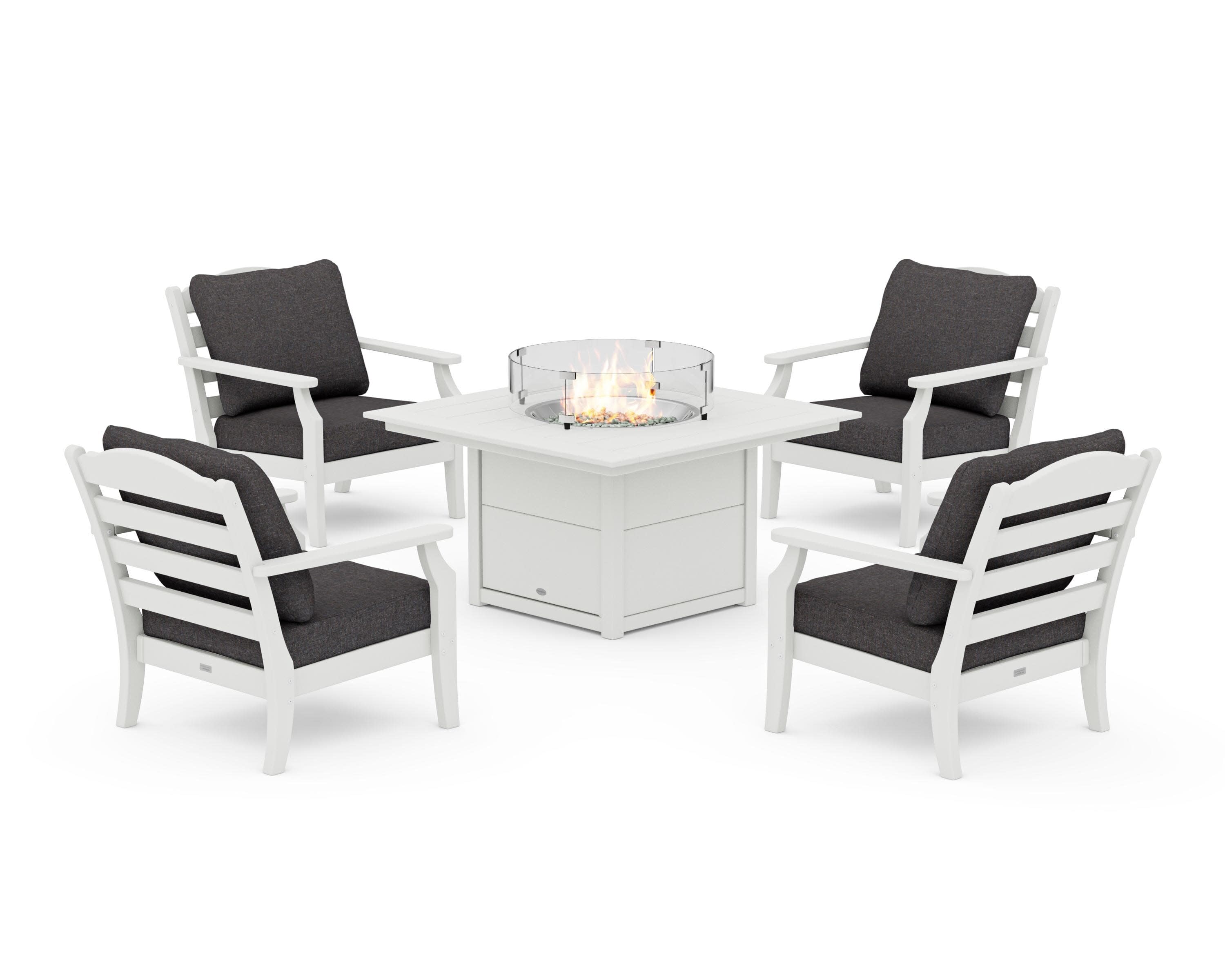 Savannah 5-Piece Deep Seating Set with Fire Pit Table in Vintage White / Ash Charcoal