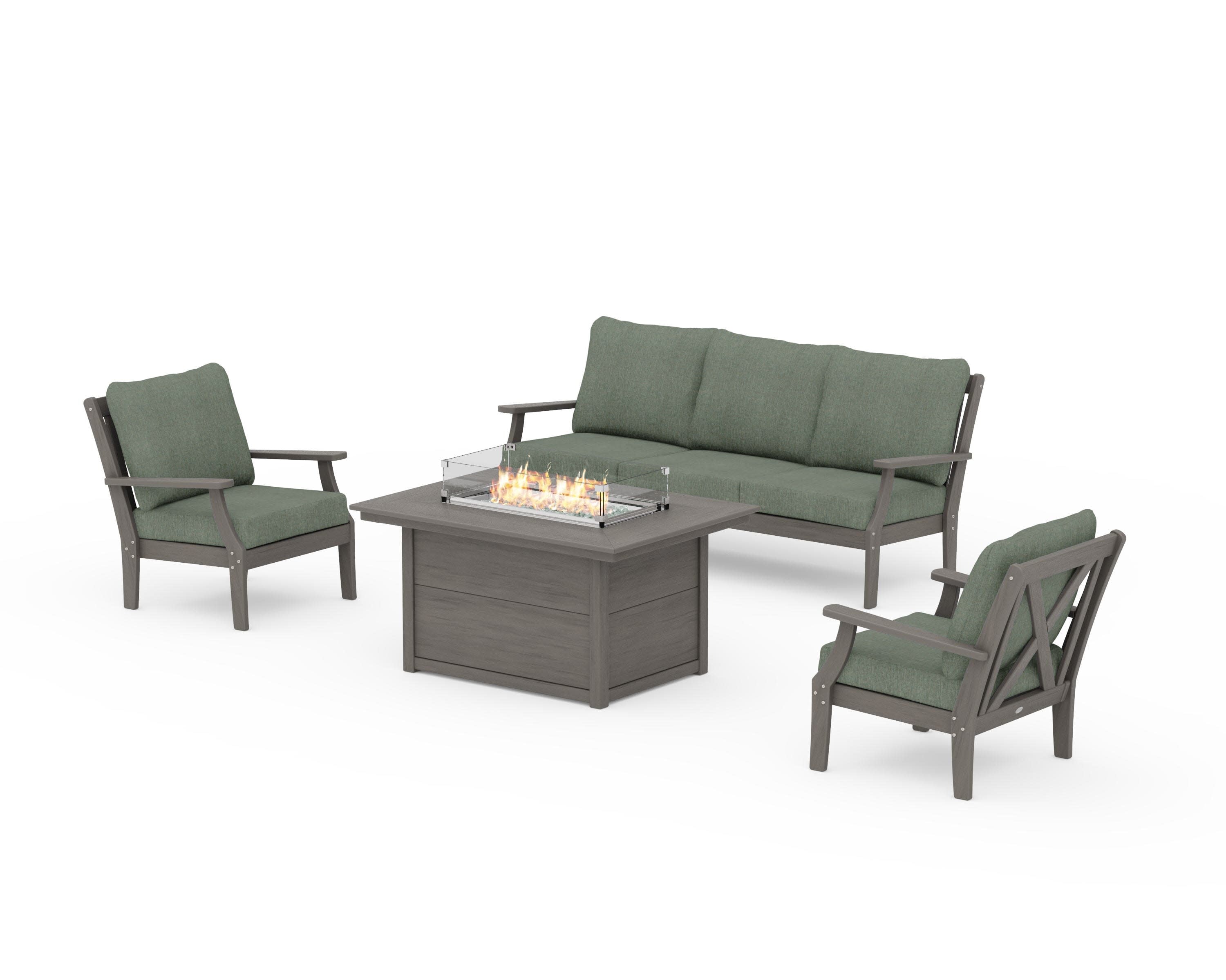 Braxton Deep Seating Fire Pit Table Set in Driftwood / Cast Sage