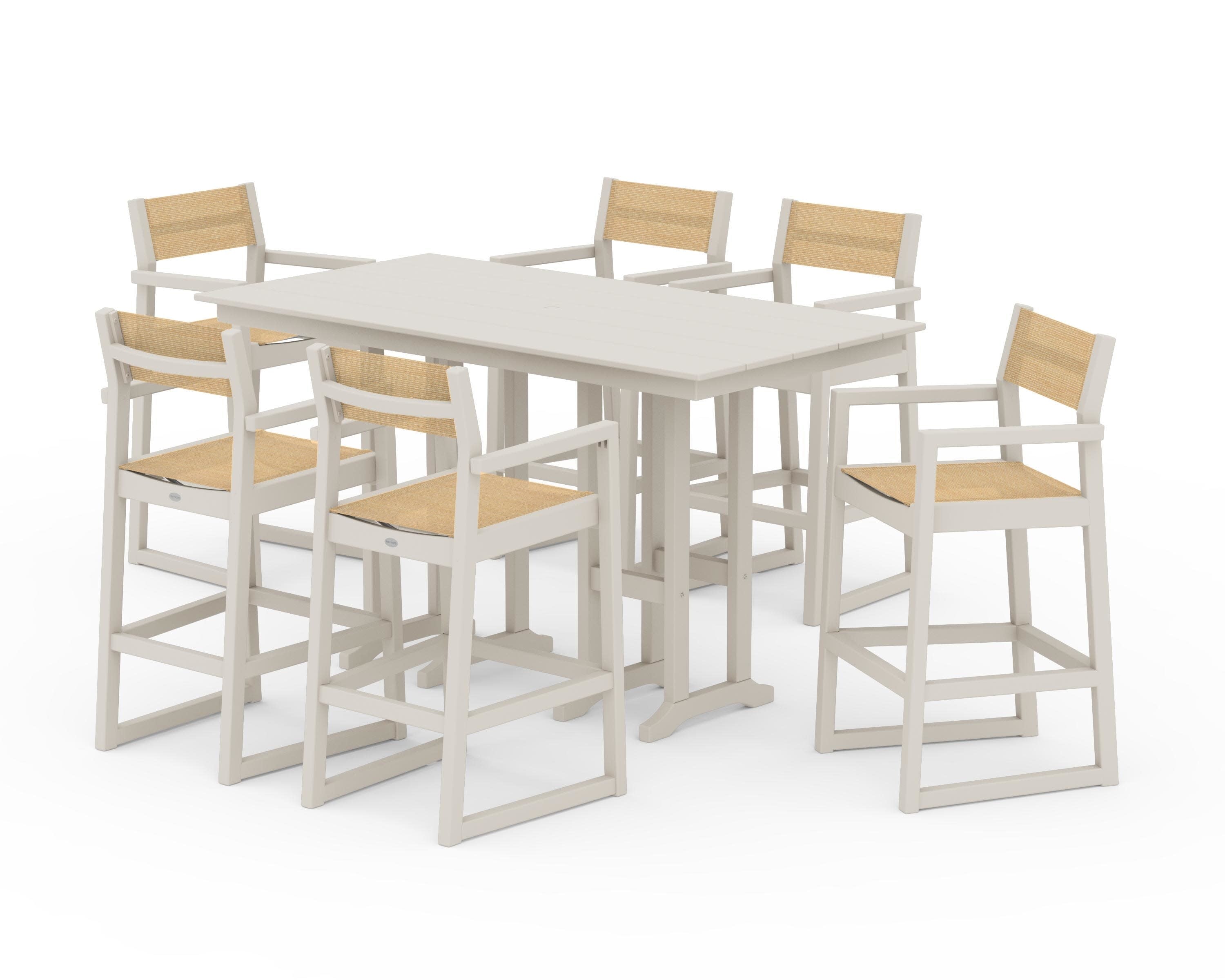 EDGE Sling Arm Chair 7-Piece Farmhouse Bar Set in Sand / Dupioni Apricot Sling