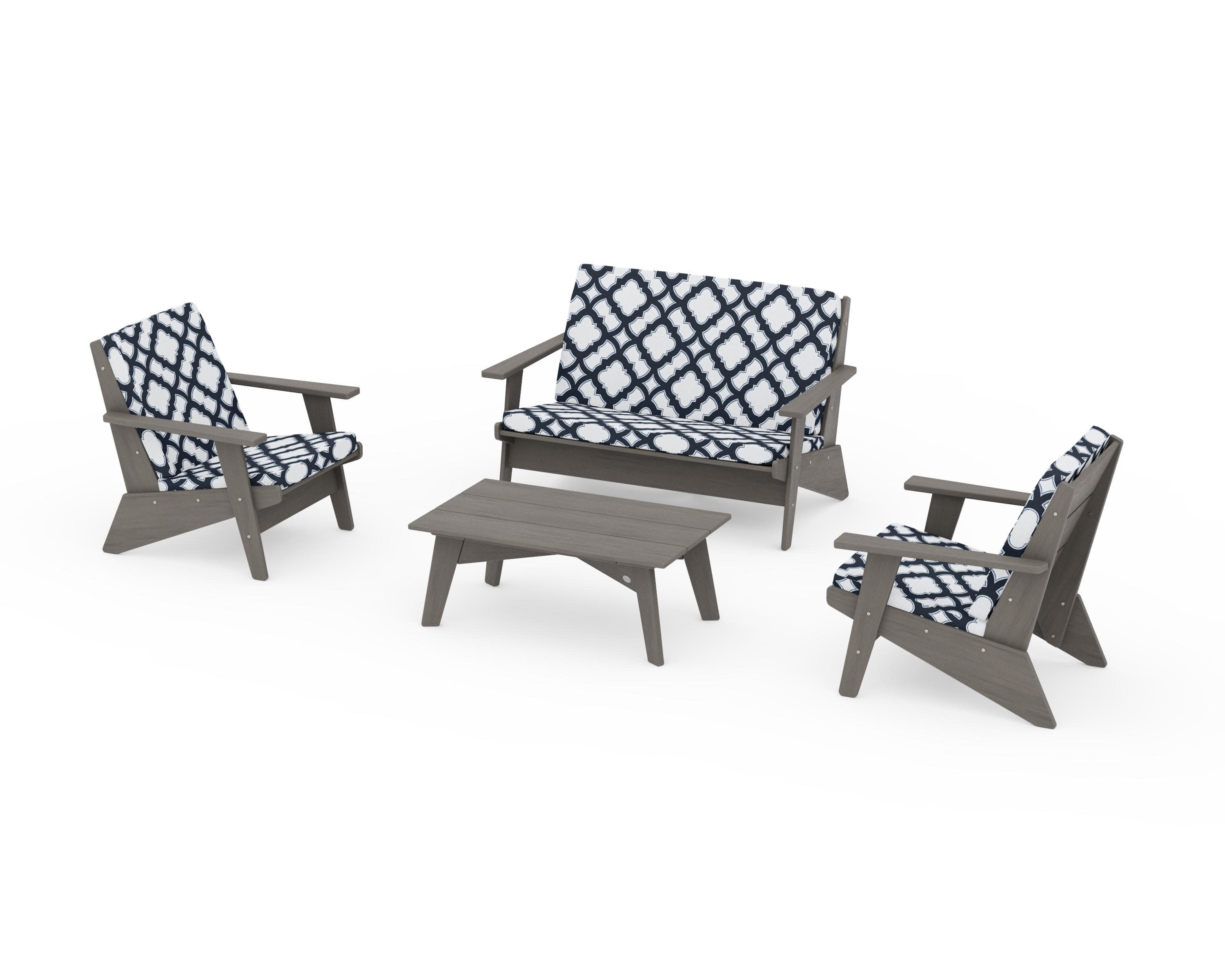 Riviera Modern Lounge 4-Piece Set in Driftwood / Trellis Marine Indigo