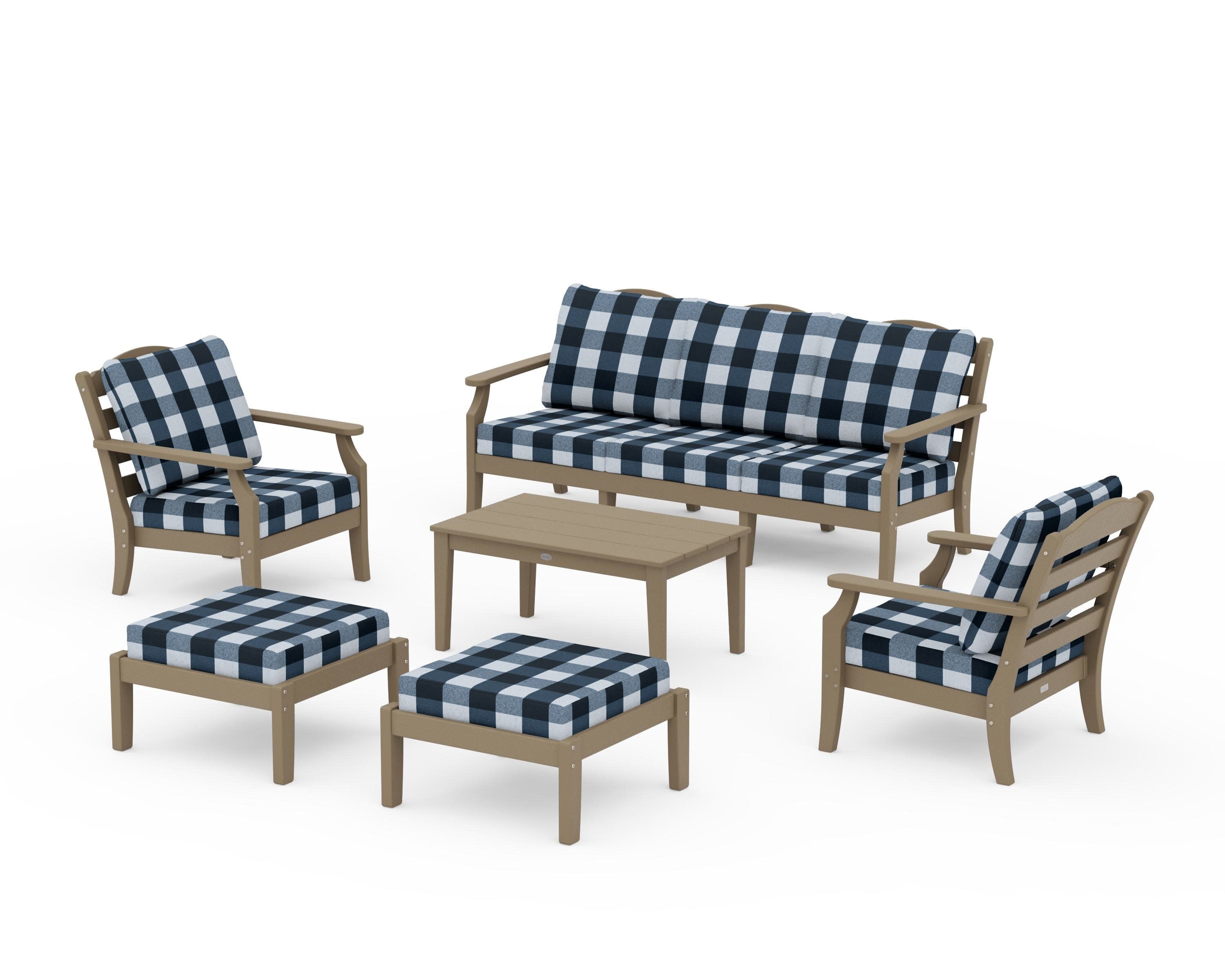 Savannah 6-Piece Lounge Sofa Set in Vintage Sahara / Buffalo Plaid Marine Indigo