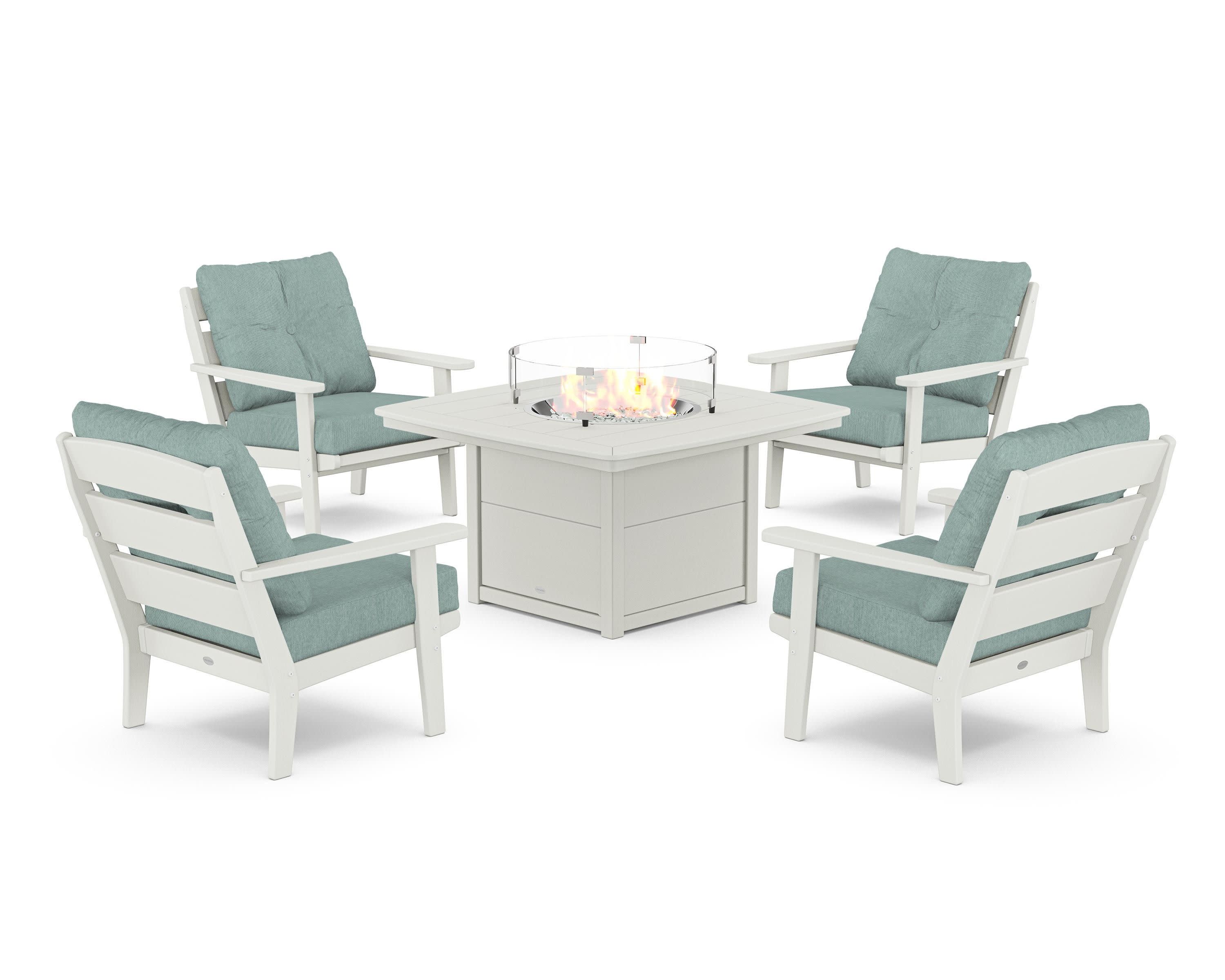 Lakeside 5-Piece Deep Seating Set with Nautical Fire Pit Table in Vintage White / Glacier Spa