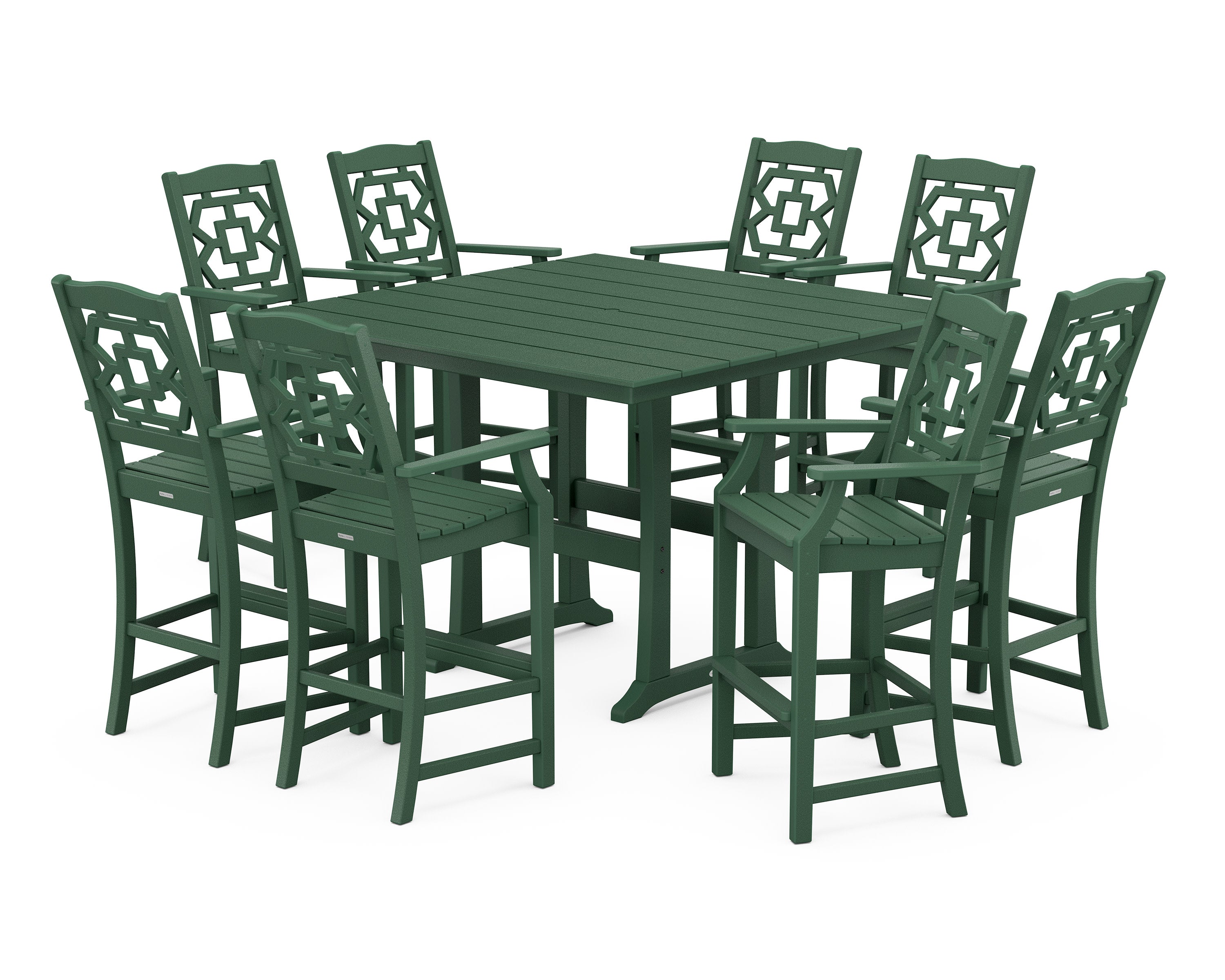 Chinoiserie 9-Piece Square Farmhouse Bar Set with Trestle Legs in Green