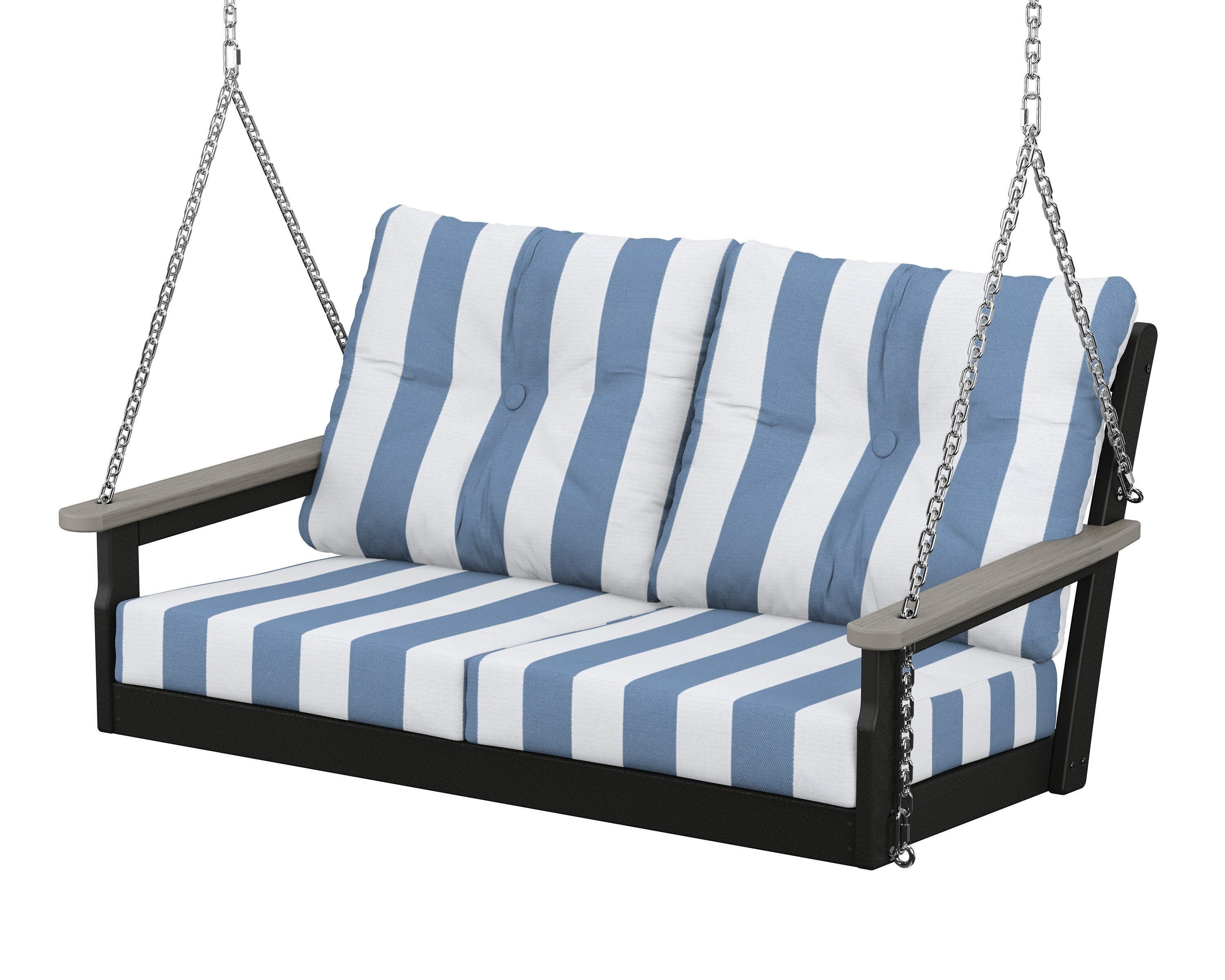 Vineyard Deep Seating Swing in Black / Driftwood / Cabana Stripe Sky Blue