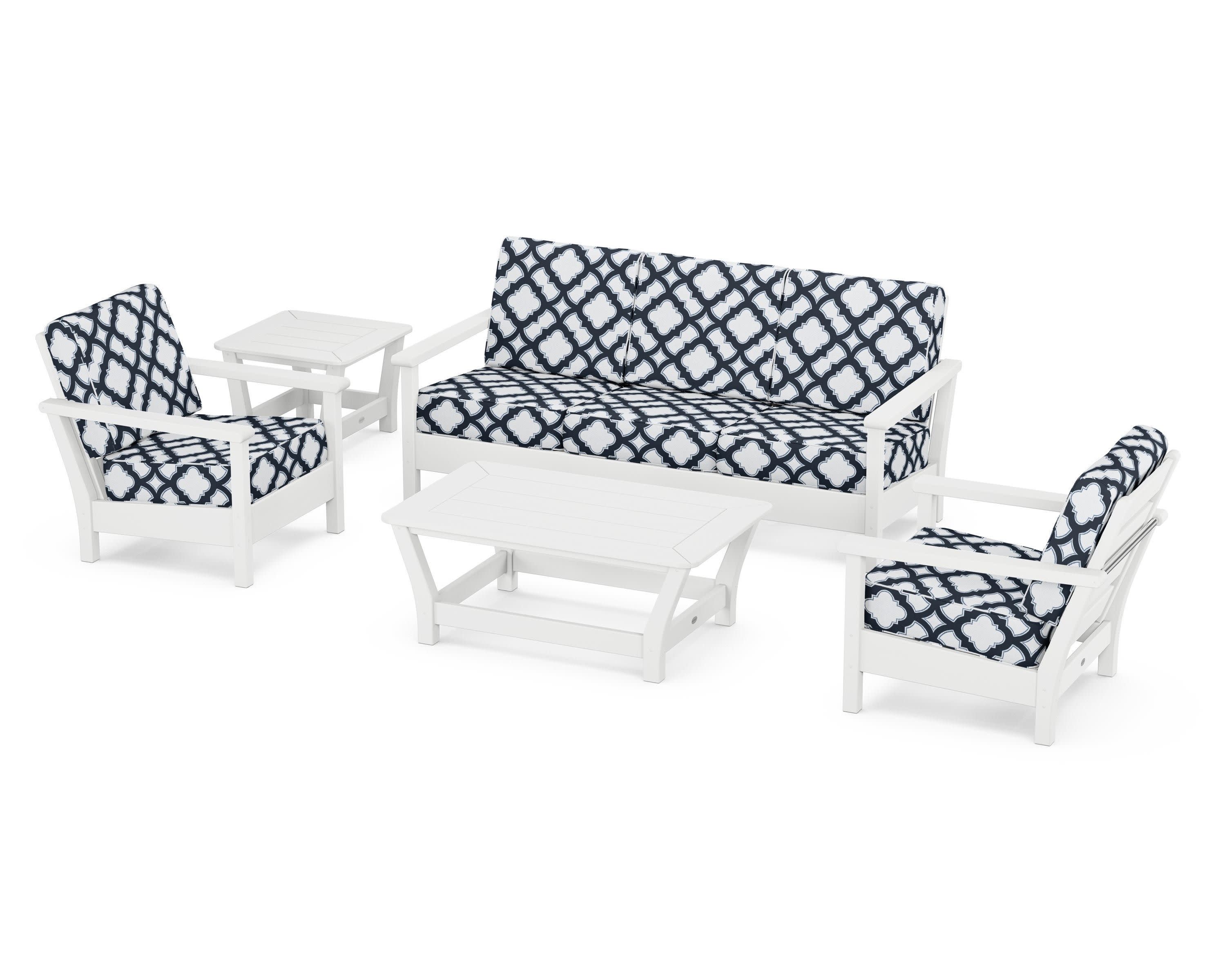 Harbour 5-Piece Deep Seating Set in White / Trellis Marine Indigo