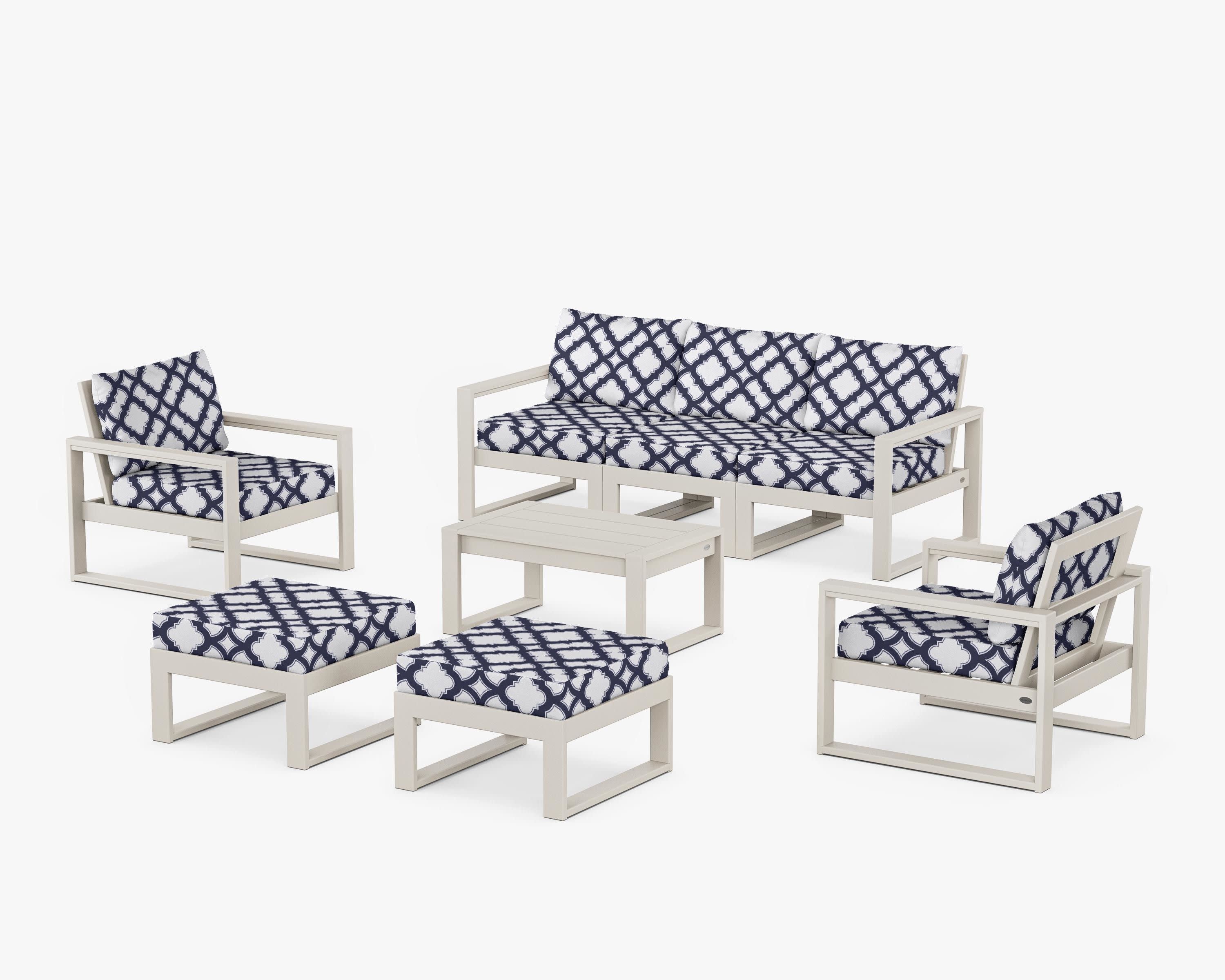 EDGE Sectional 8-Piece Lounge Sofa Set in Sand / Trellis Navy
