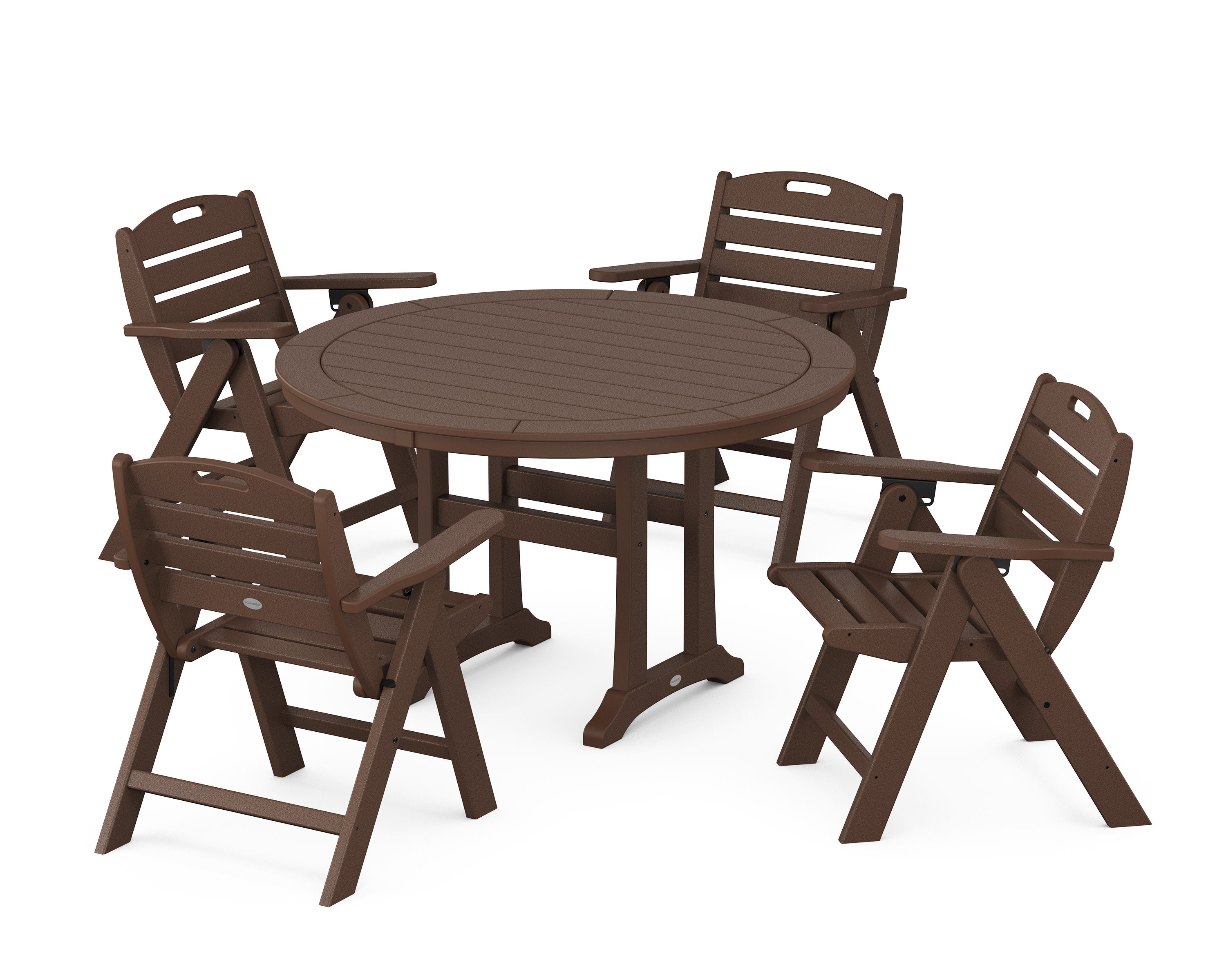 Nautical Folding Lowback Chair 5-Piece Round Dining Set With Trestle Legs in Mahogany