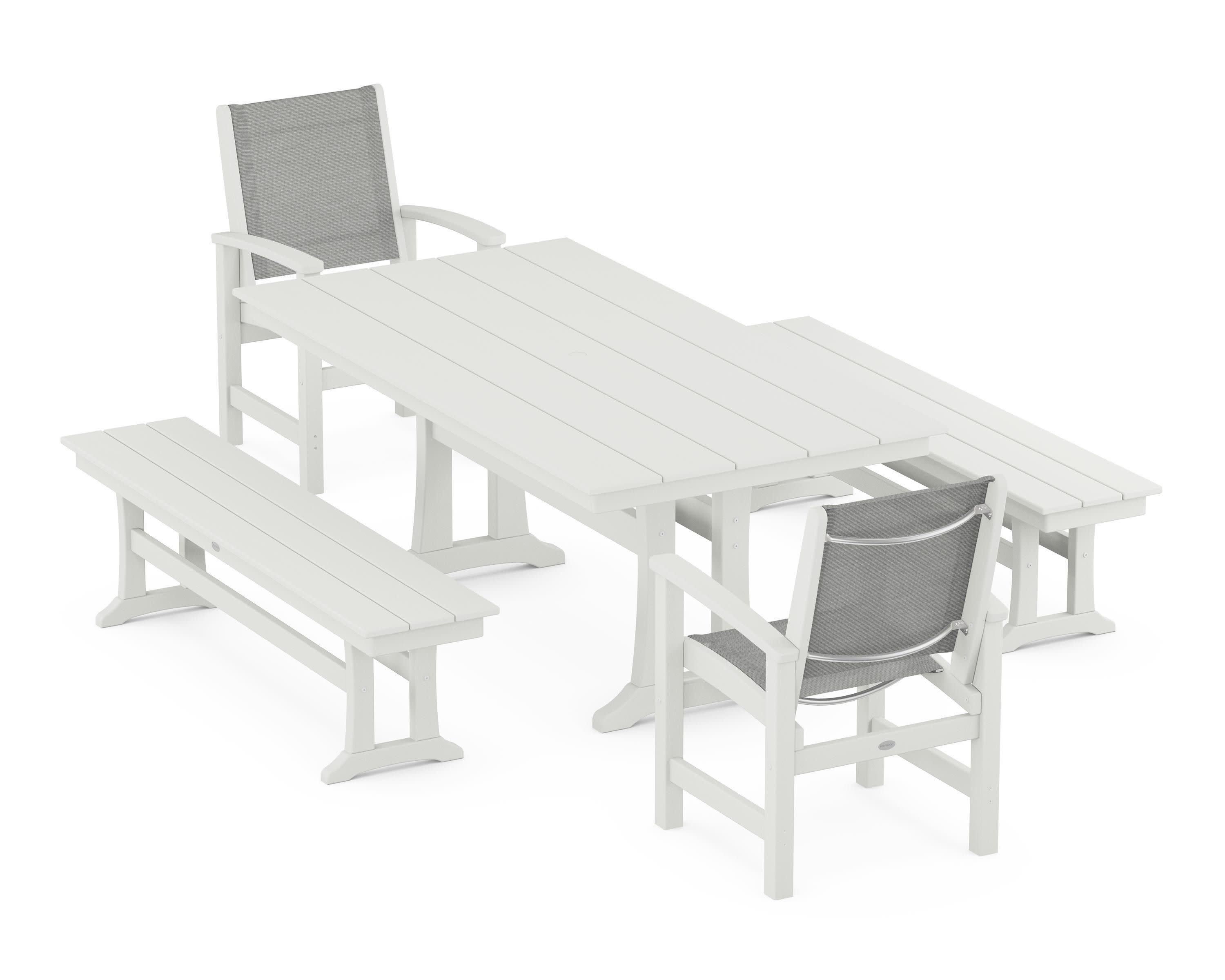 Coastal 5-Piece Farmhouse Dining Set with Trestle Legs and Benches in Vintage White / Metallic Sling