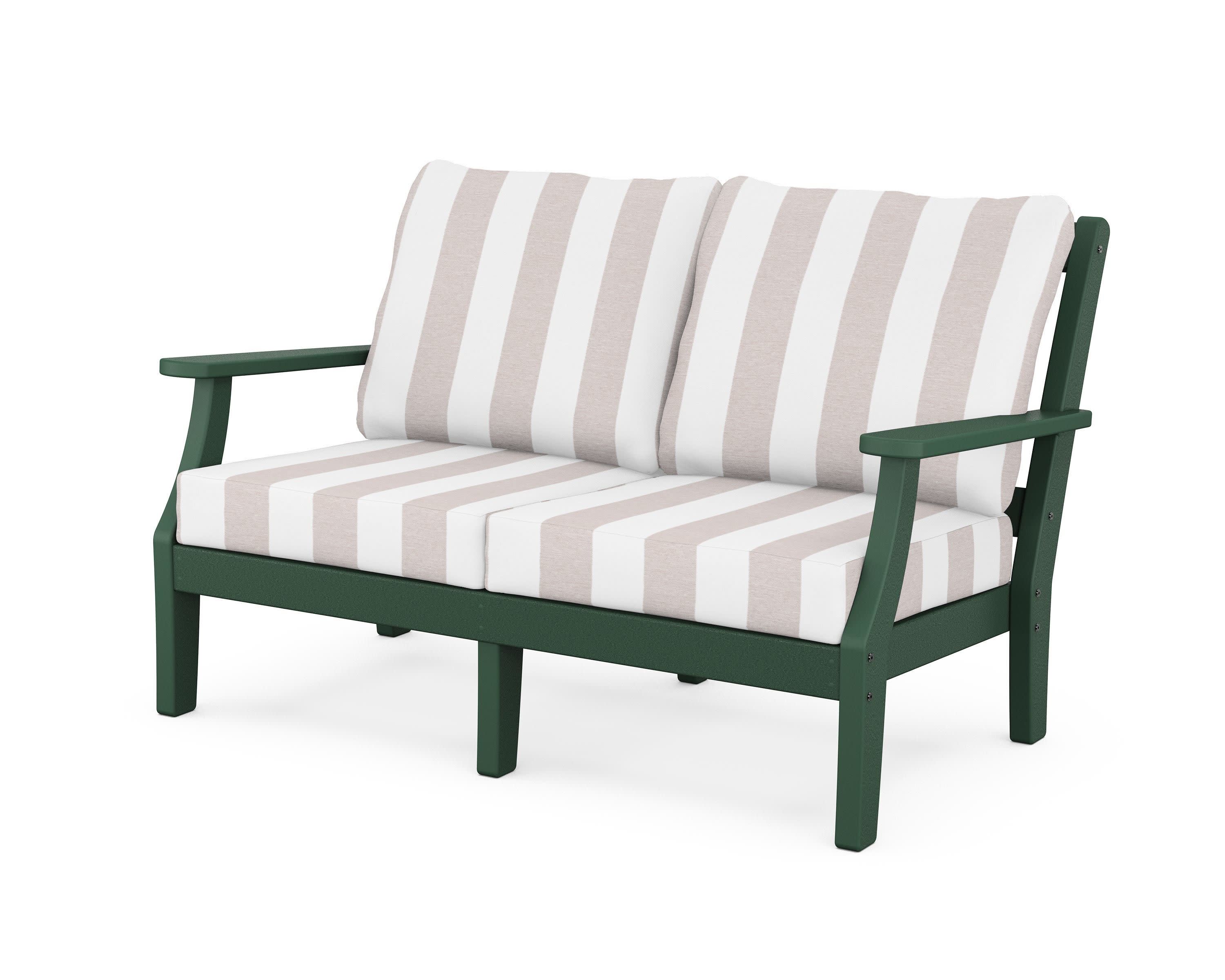 Chinoiserie Deep Seating Loveseat in Green / Cabana Stripe Dune Burlap