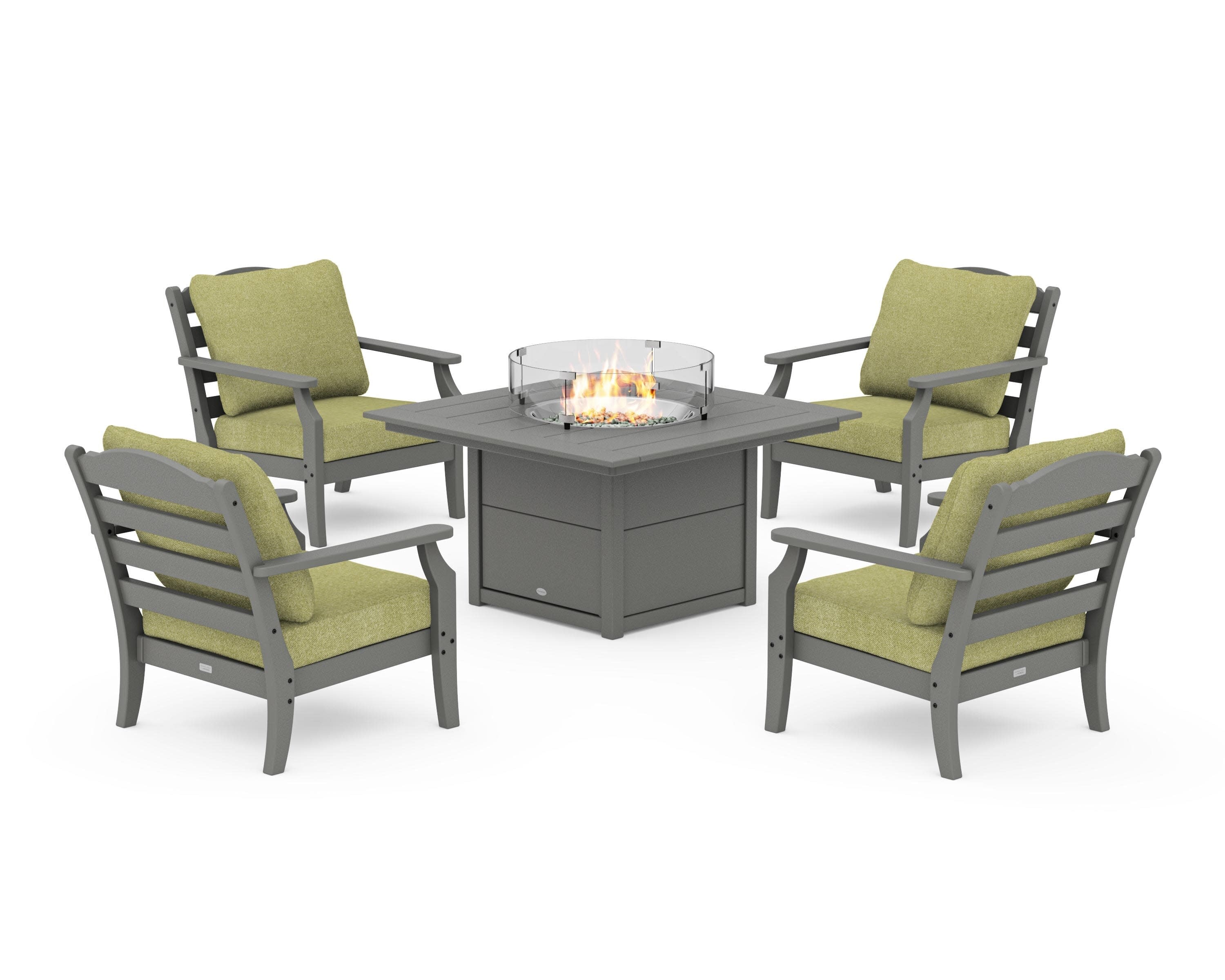 Savannah 5-Piece Deep Seating Set with Fire Pit Table in Slate Grey / Chartreuse Boucle