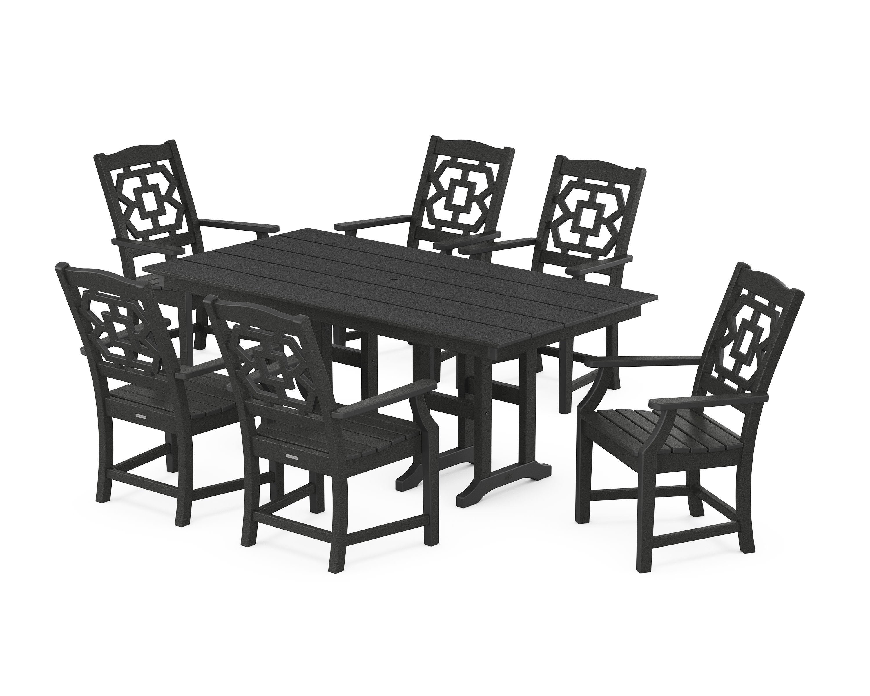 Chinoiserie Arm Chair 7-Piece Farmhouse Dining Set in Black