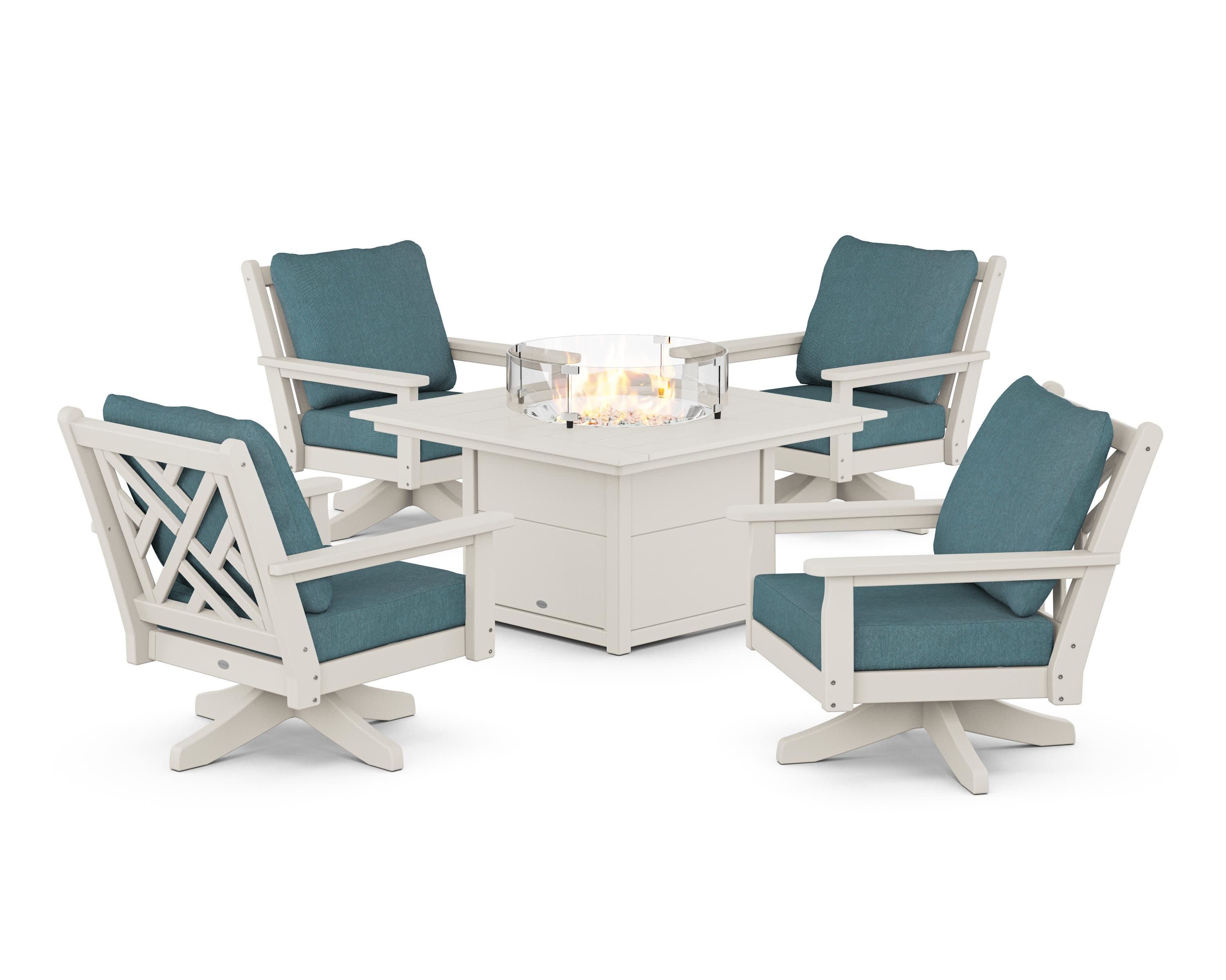 Chippendale 5-Piece Deep Seating Swivel Conversation Set with Fire Pit Table in Sand / Ocean Teal