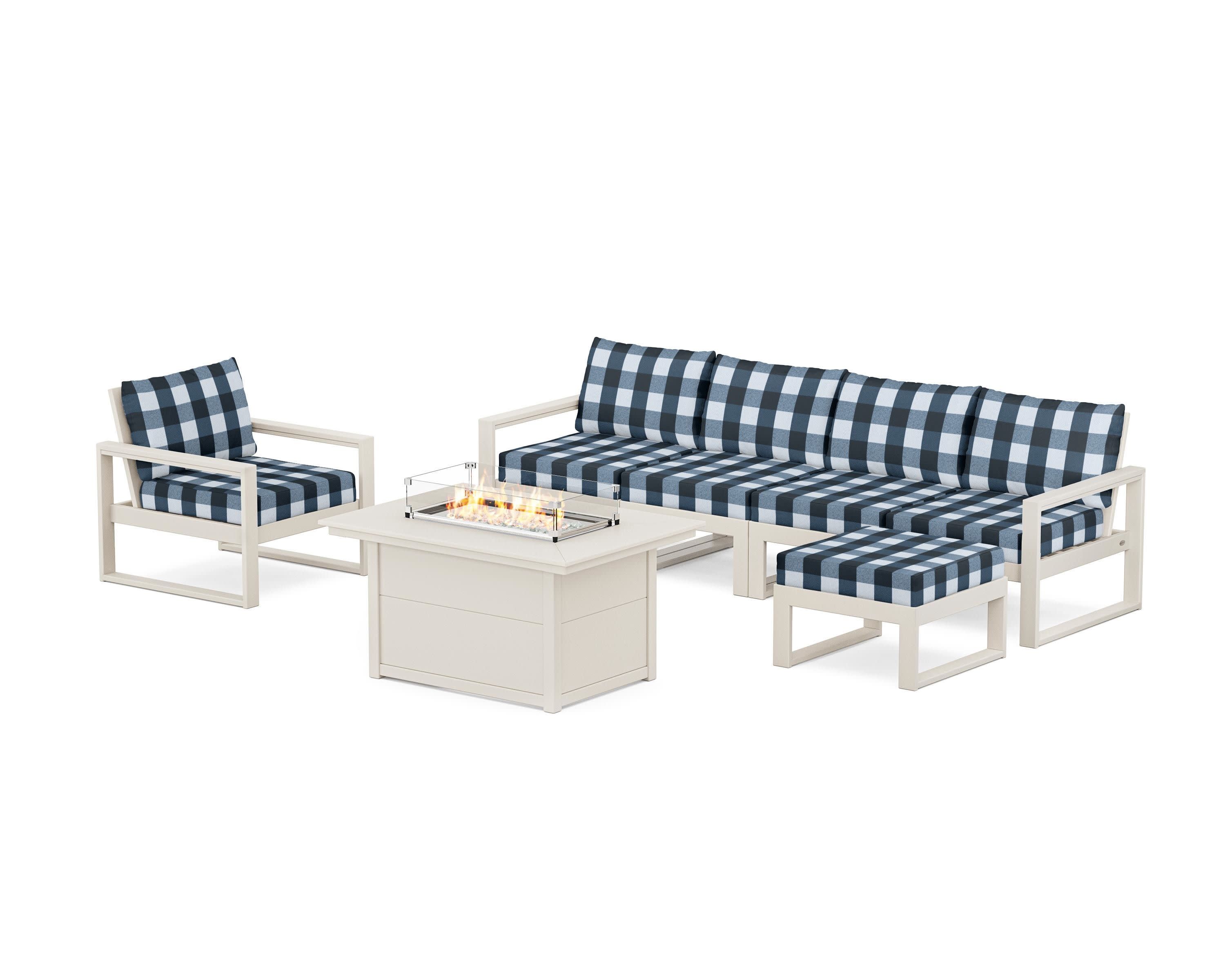EDGE Sectional Lounge and Fire Pit Set in Sand / Buffalo Plaid Marine Indigo