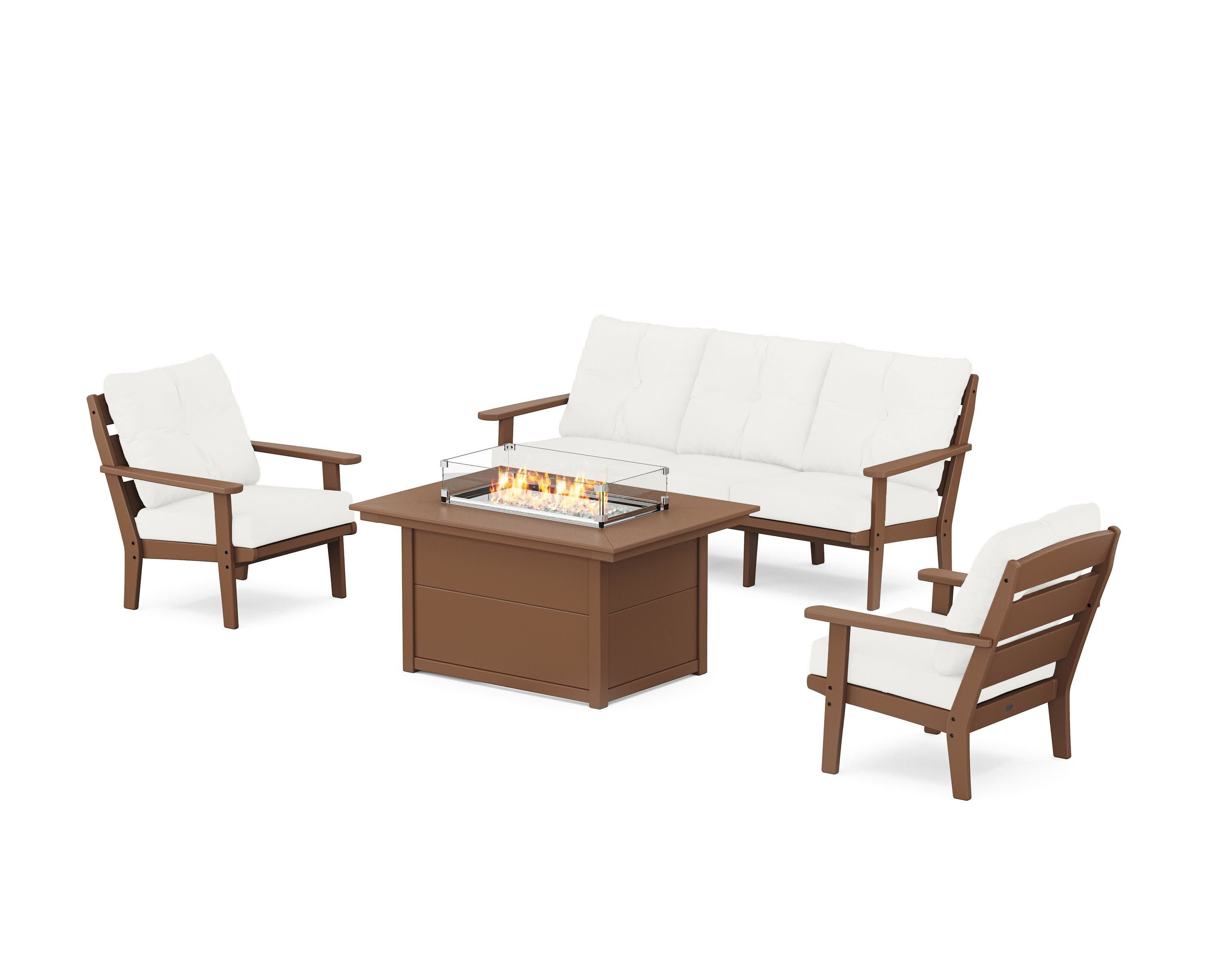Lakeside Deep Seating Fire Pit Table Set in Teak / Natural Linen