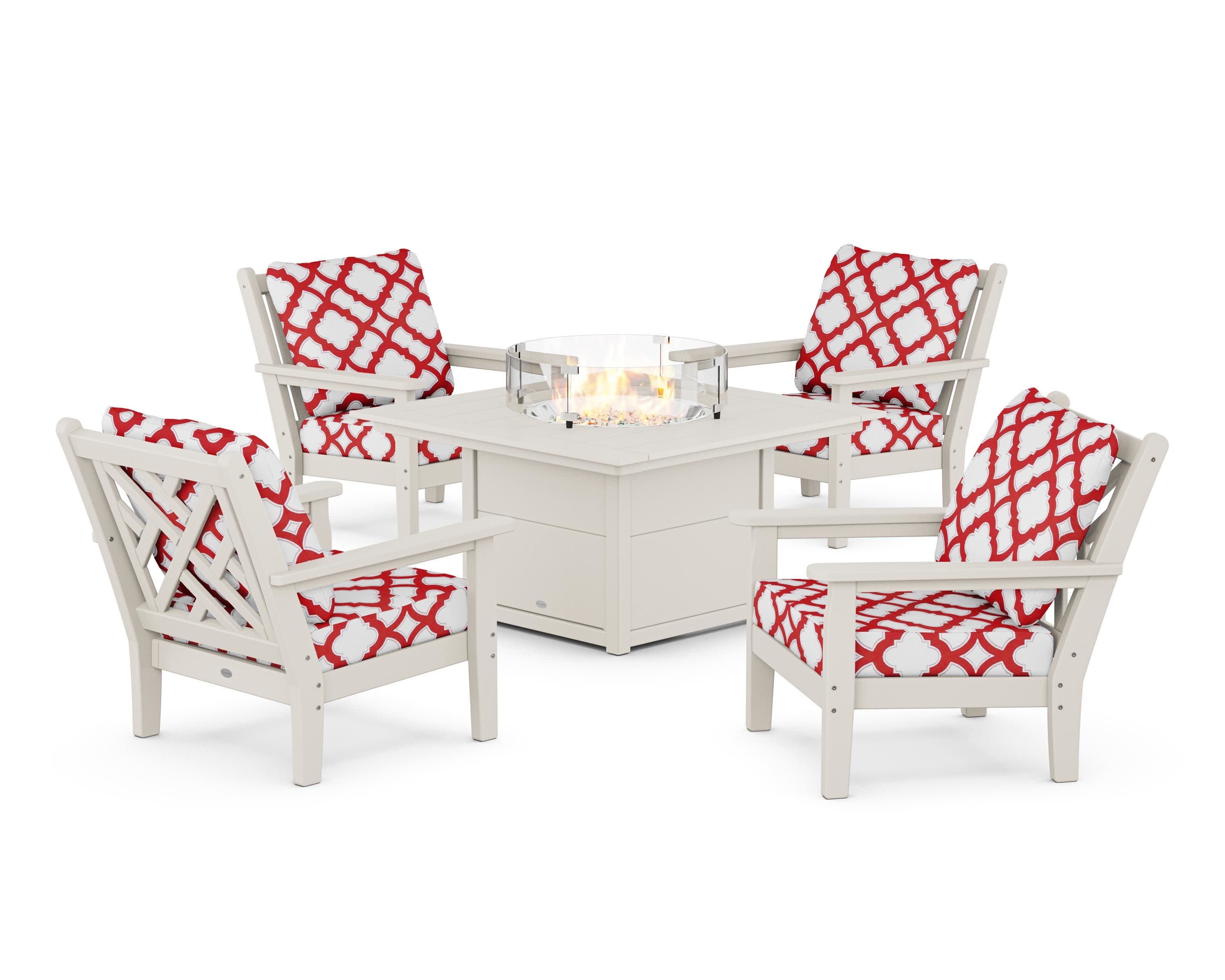 Chippendale 5-Piece Deep Seating Set with Fire Pit Table in Sand / Trellis Crimson