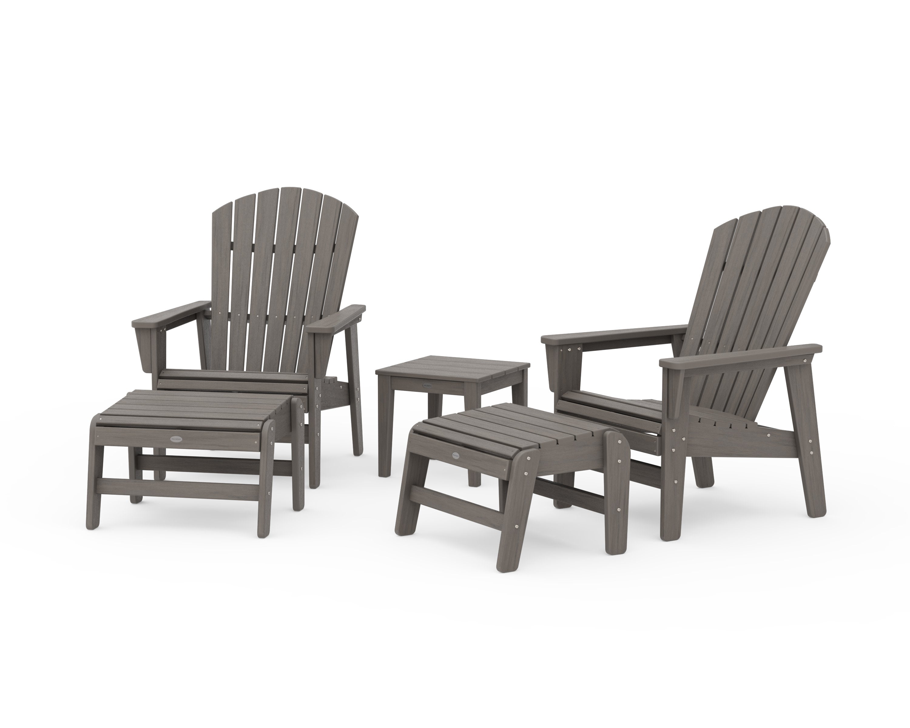 5-Piece Nautical Grand Upright Adirondack Set with Ottomans and Side Table in Driftwood