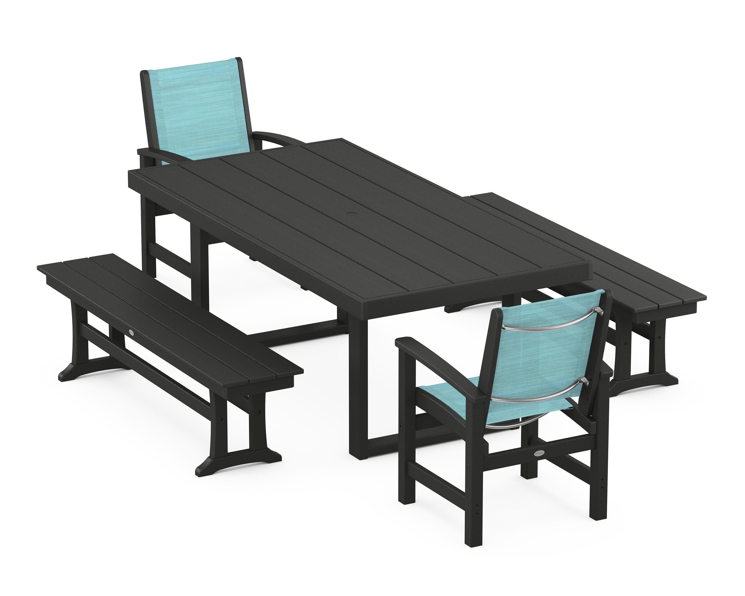 Coastal 5-Piece Dining Set with Trestle Legs in Black / Dupioni Aquamarine Sling