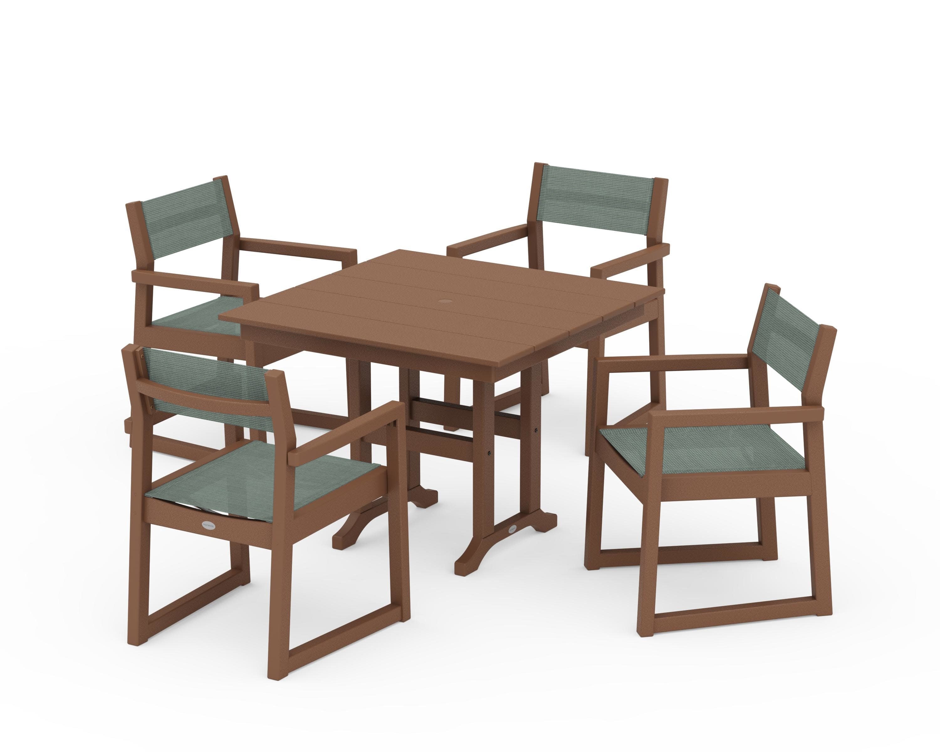 EDGE Sling Arm Chair 5-Piece Farmhouse Dining Set in Teak / Dupioni Sea Mist Sling