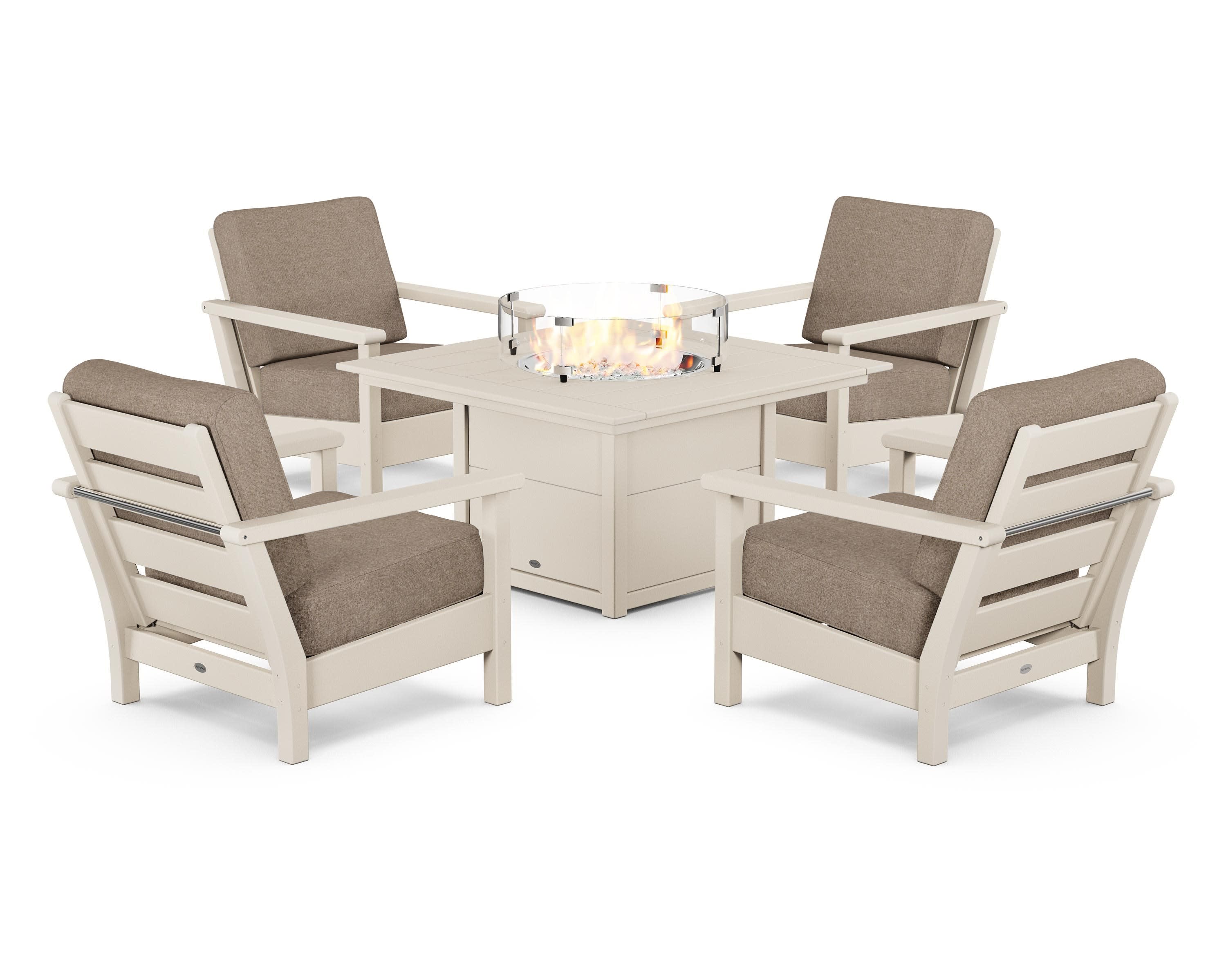 Harbour 5-Piece Conversation Set with Fire Pit Table in Sand / Spiced Burlap