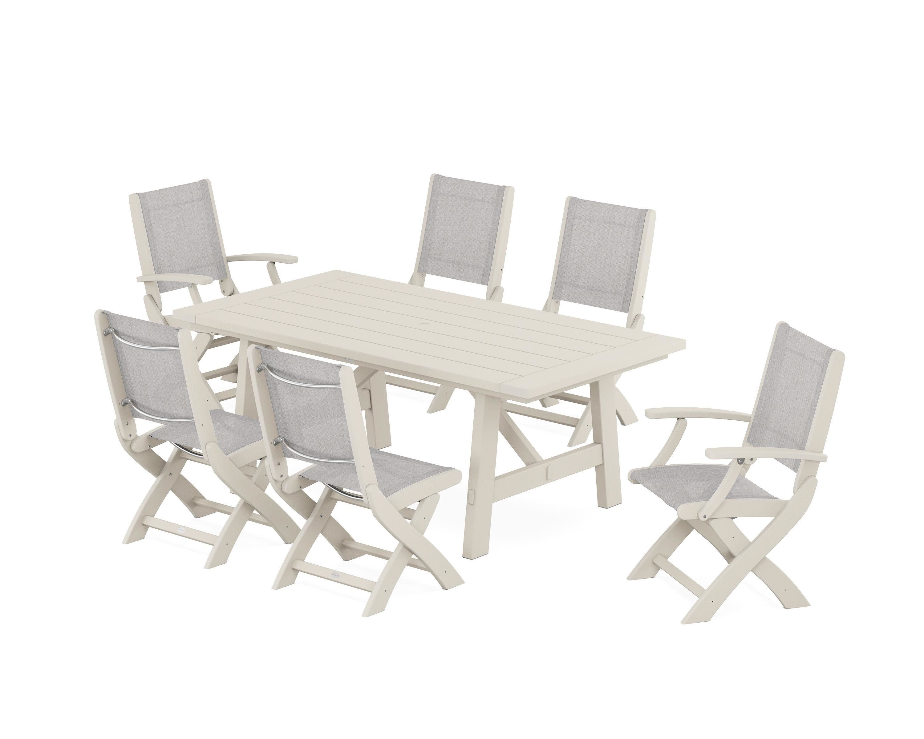 Coastal Folding Chair 7-Piece Rustic Farmhouse Dining Set in Sand / Parchment Sling