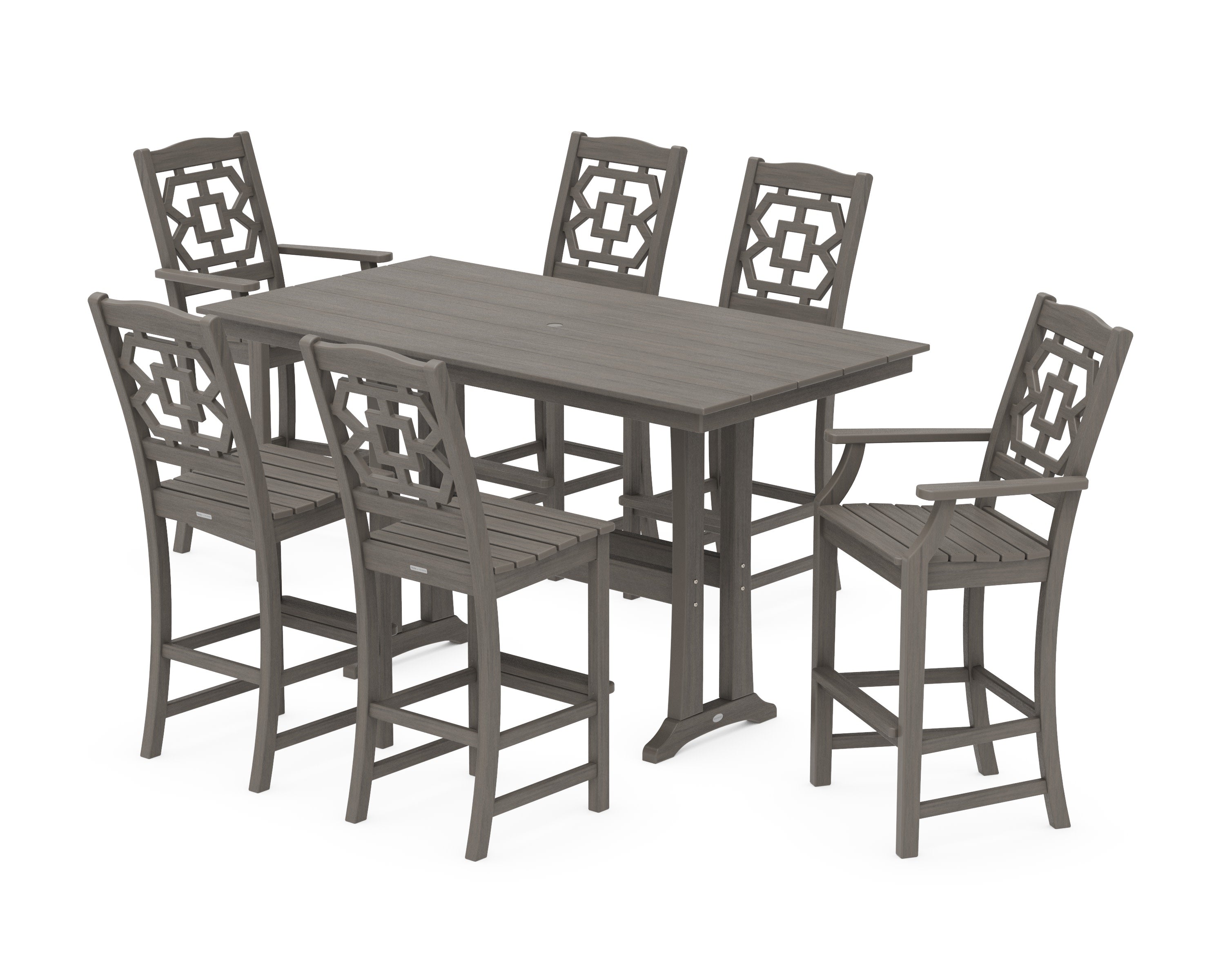 Chinoiserie 7-Piece Farmhouse Bar Set with Trestle Legs in Driftwood
