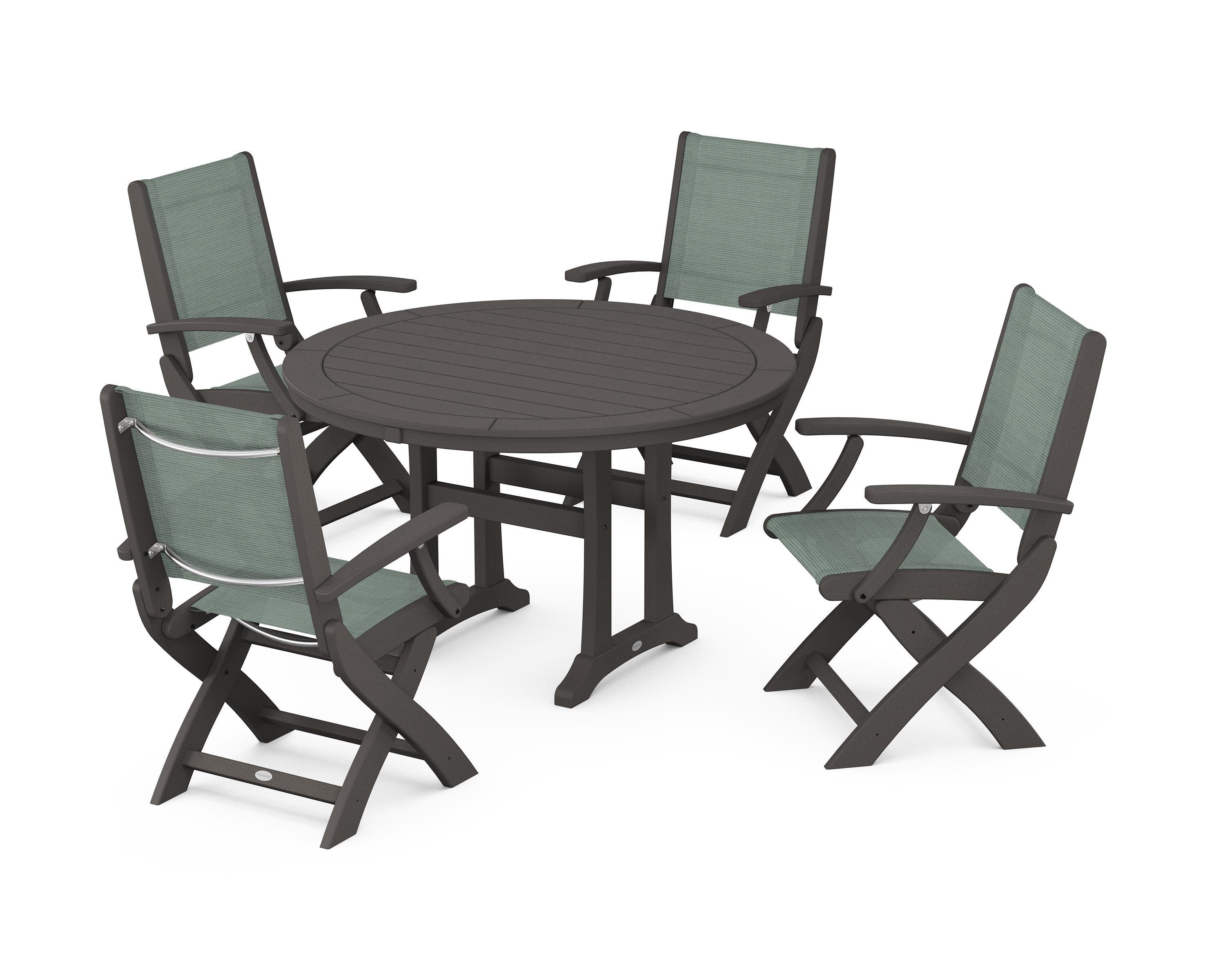 Coastal Folding Chair 5-Piece Round Dining Set with Trestle Legs in Vintage Coffee / Dupioni Sea Mist Sling