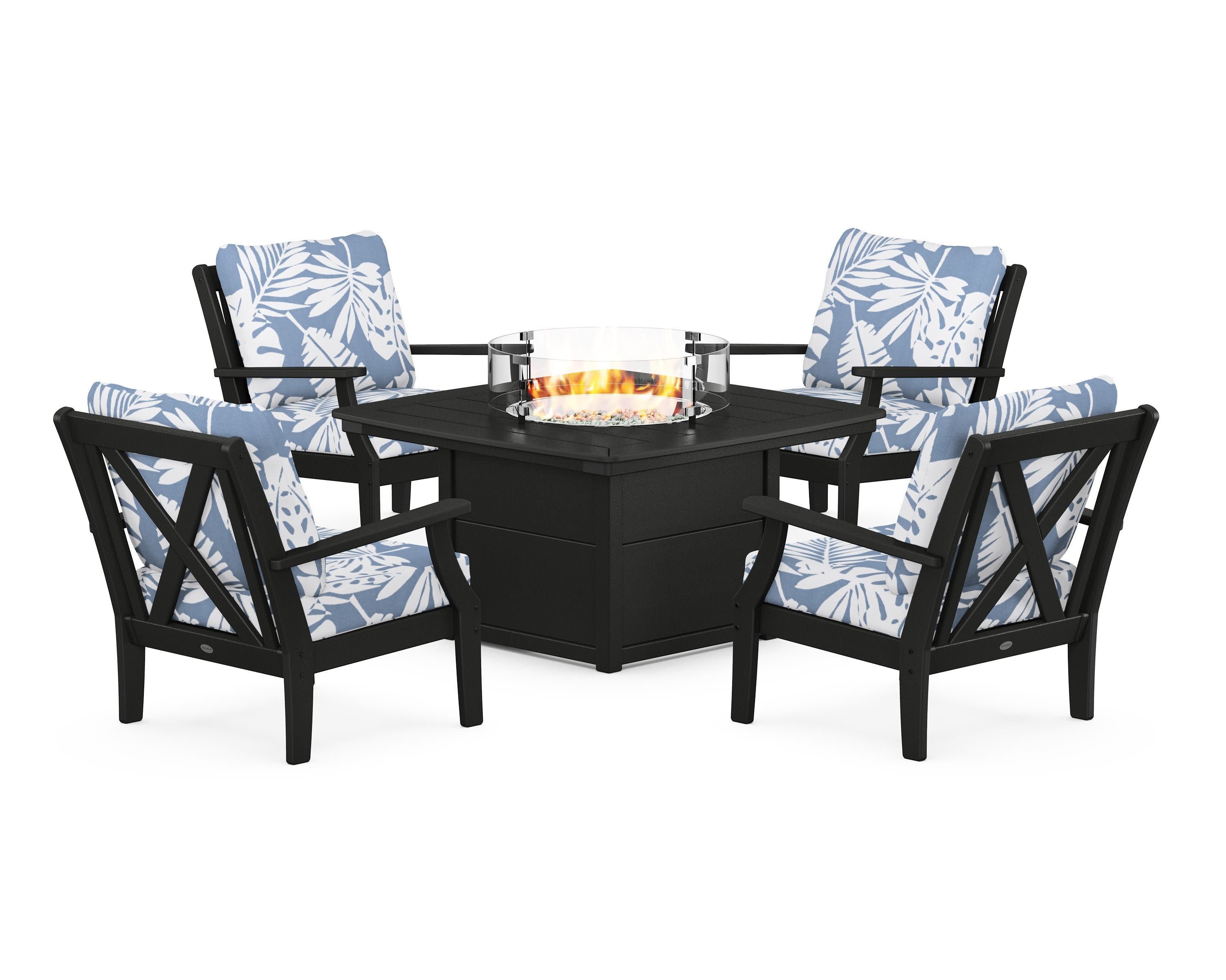 Braxton 5-Piece Deep Seating Conversation Set with Fire Pit Table in Black / Leaf Sky Blue