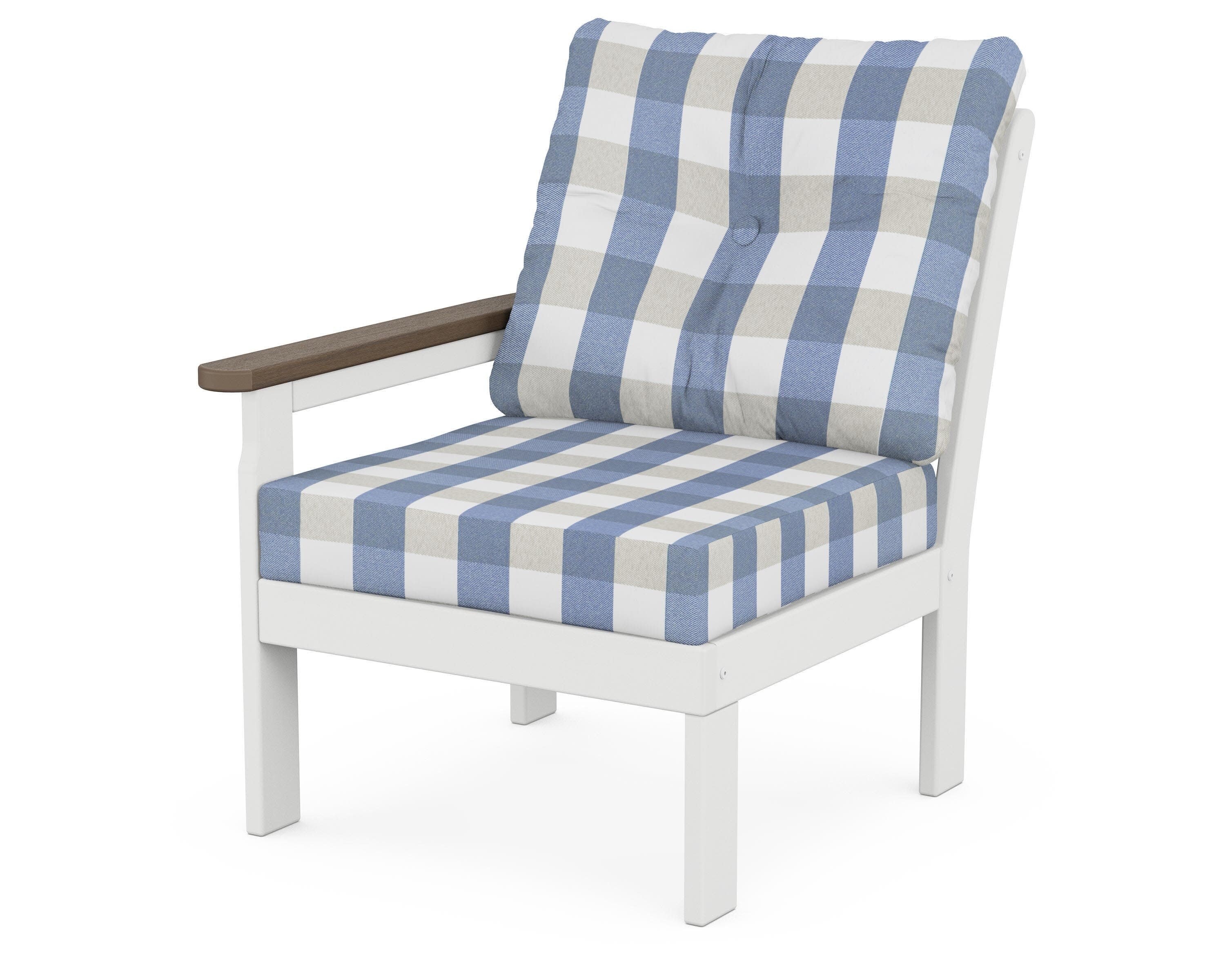 Vineyard Modular Left Arm Chair in White / Kona / Buffalo Plaid Sky Blue