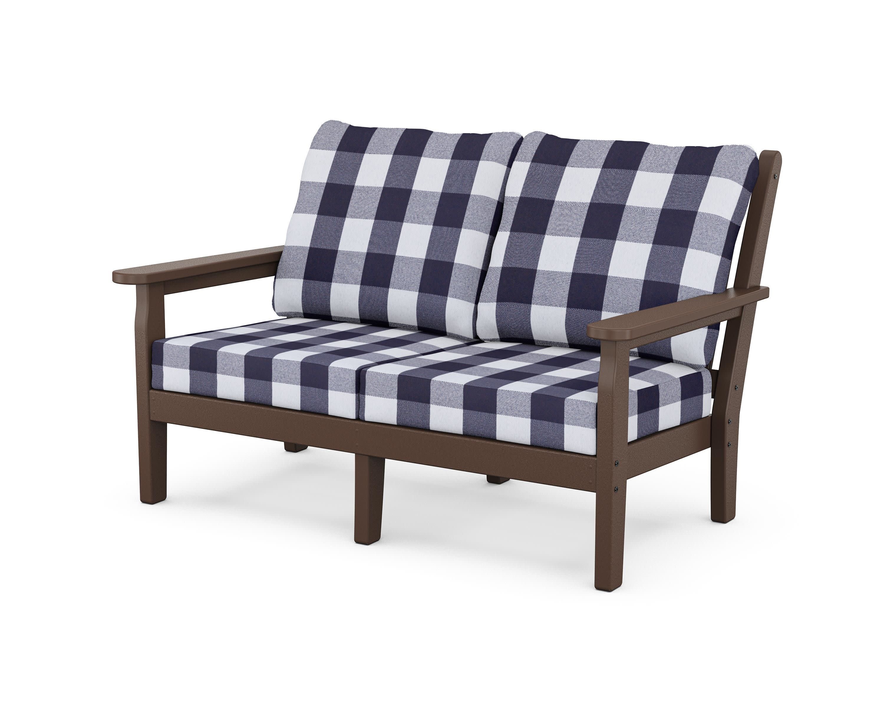 Chippendale Deep Seating Loveseat in Mahogany / Buffalo Plaid Navy
