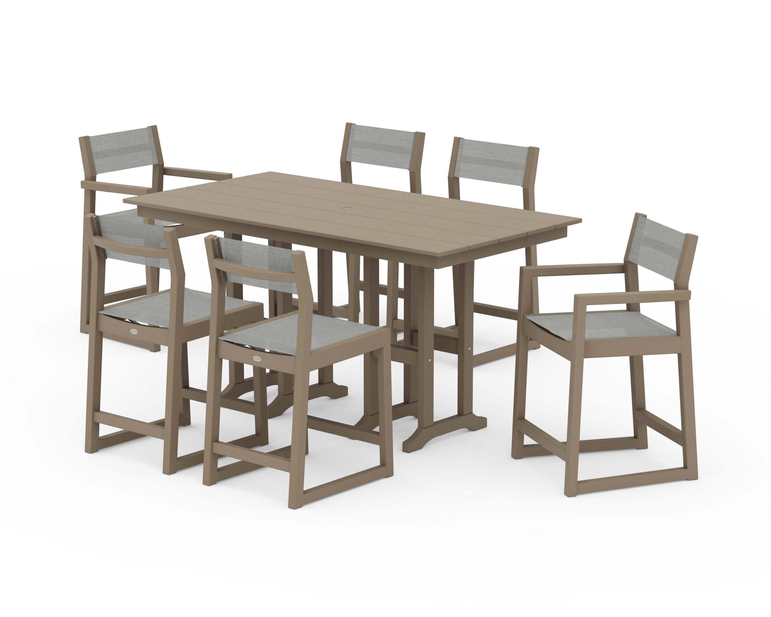 EDGE Sling 7-Piece Farmhouse Counter Set with Trestle Legs in Vintage Sahara / Metallic Sling