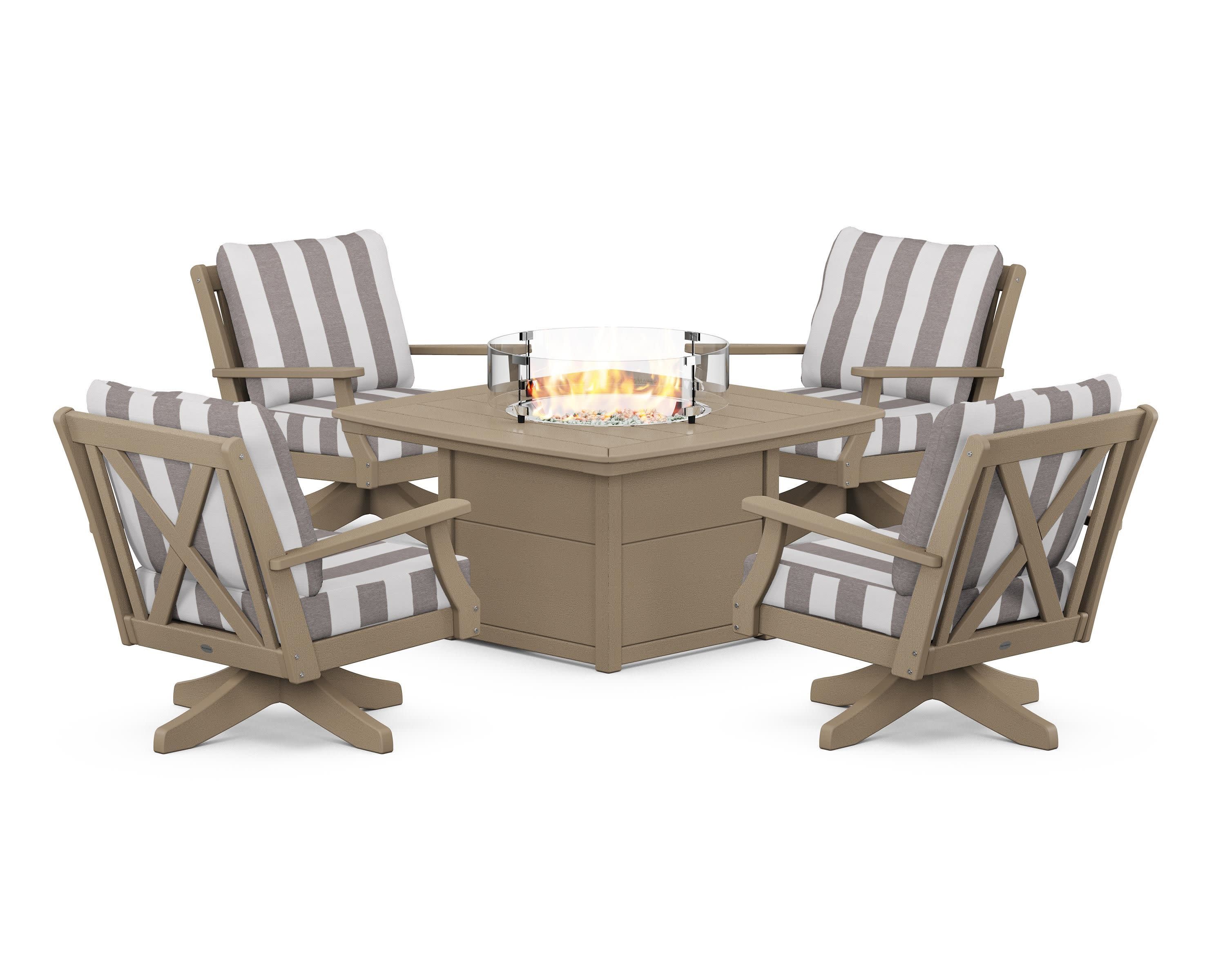 Braxton 5-Piece Deep Seating Swivel Conversation Set with Fire Pit Table in Vintage Sahara / Cabana Stripe Grey Mist