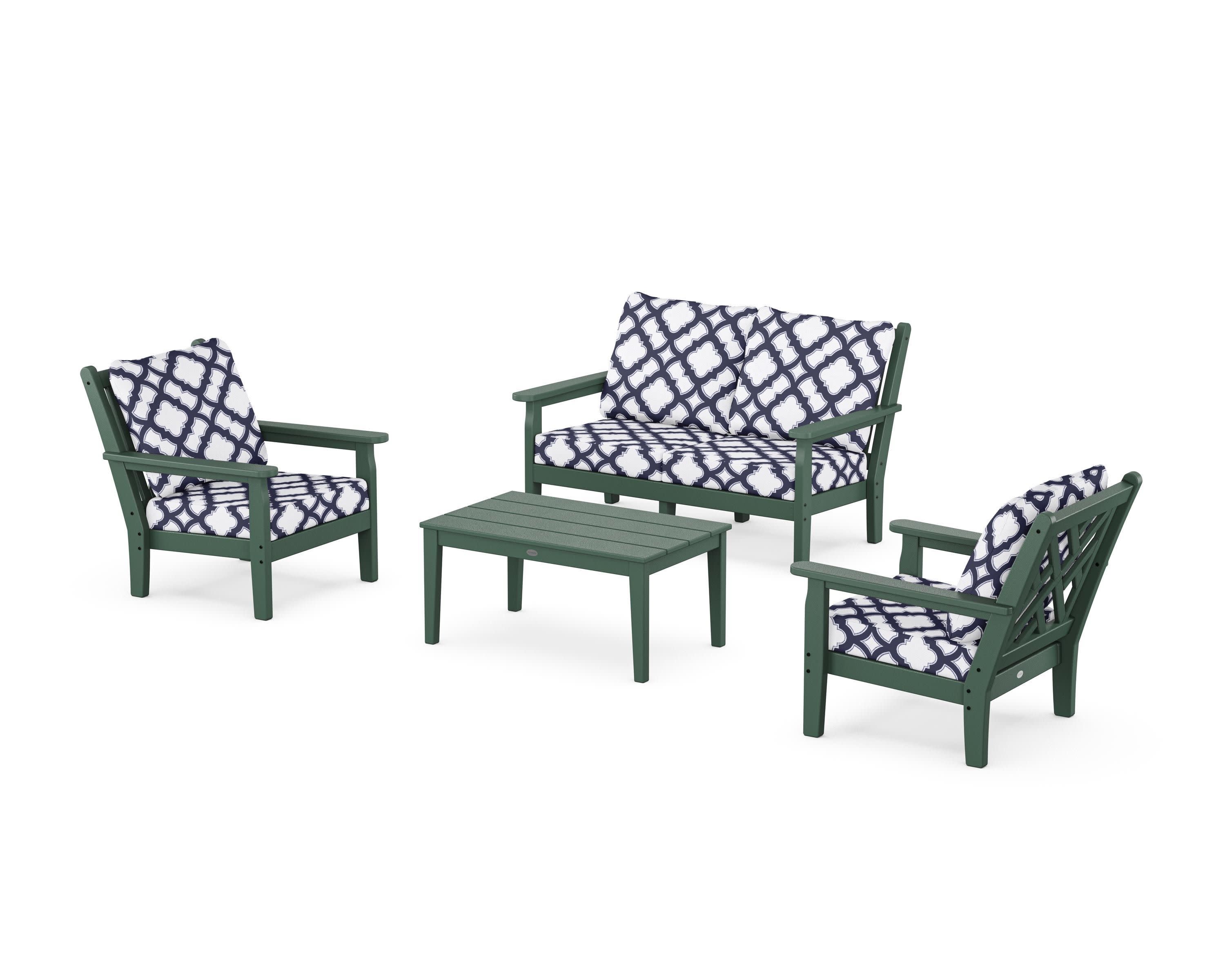 Chippendale 4-Piece Deep Seating Set with Loveseat in Green / Trellis Navy