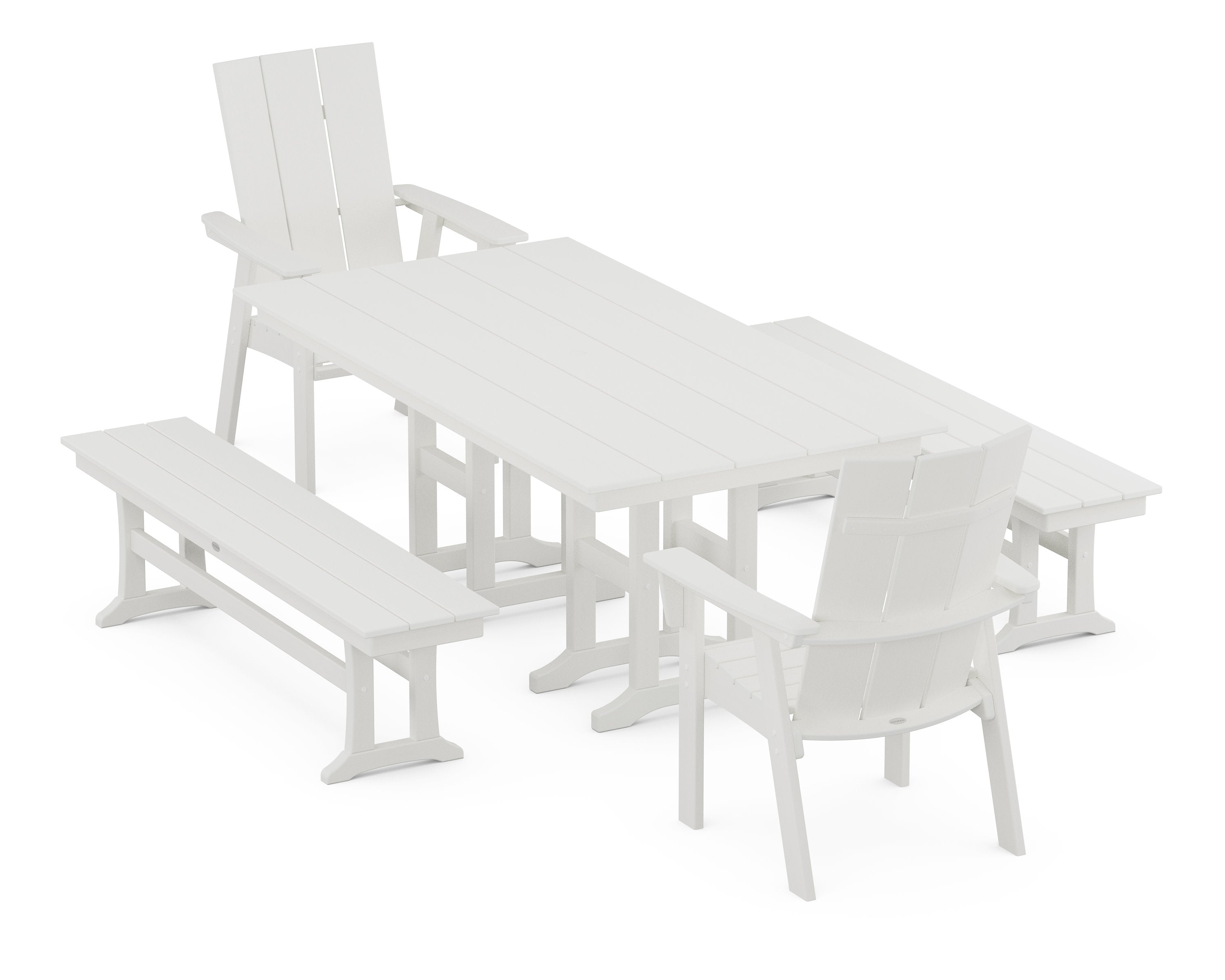 Modern Curveback Adirondack 5-Piece Farmhouse Dining Set with Benches in Vintage White