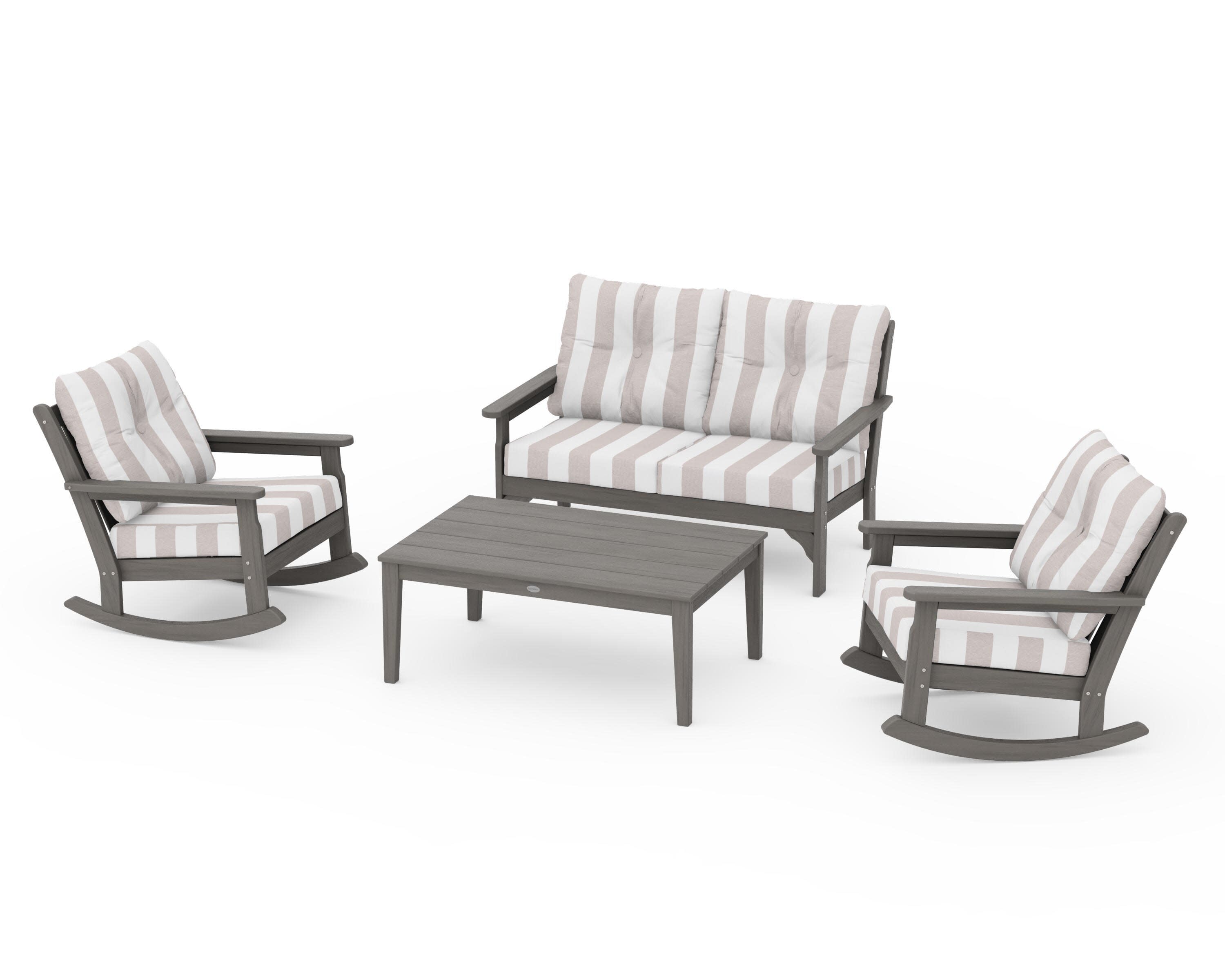 Vineyard 4-Piece Deep Seating Rocking Chair Set in Driftwood / Cabana Stripe Dune Burlap