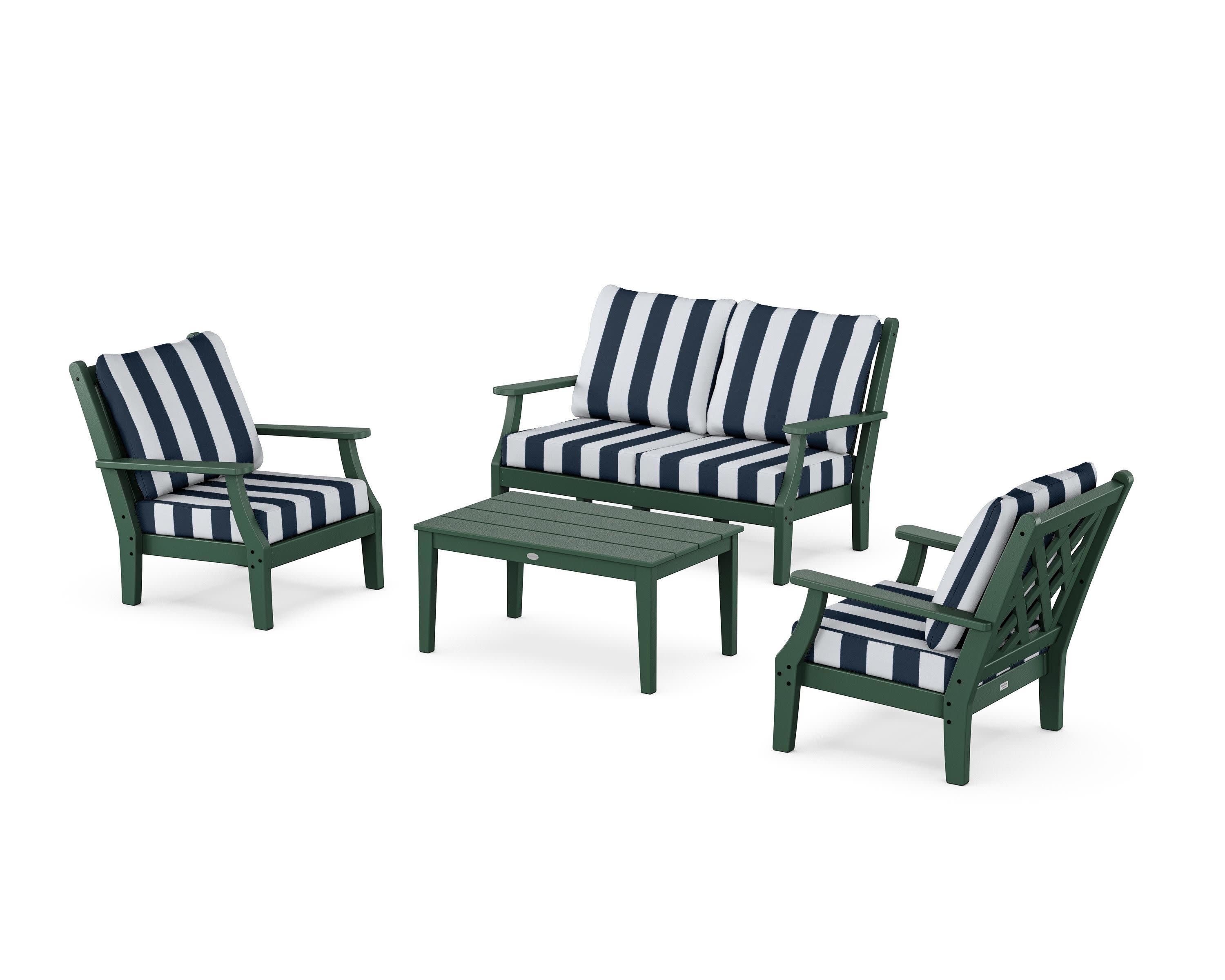 Wovendale 4-Piece Deep Seating Set with Loveseat in Green / Cabana Stripe Marine Indigo