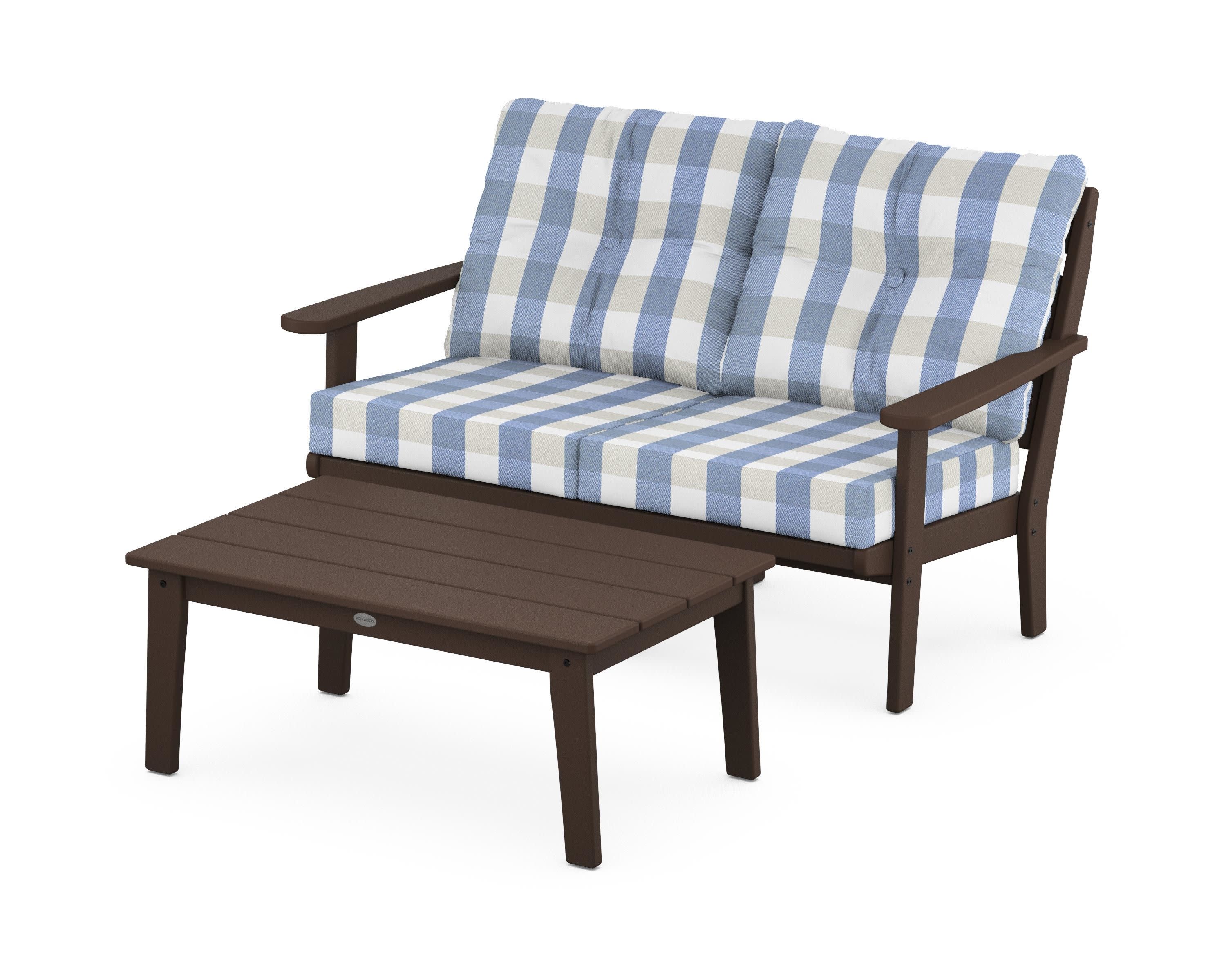 Lakeside 2-Piece Lounge Loveseat Set in Mahogany / Buffalo Plaid Sky Blue