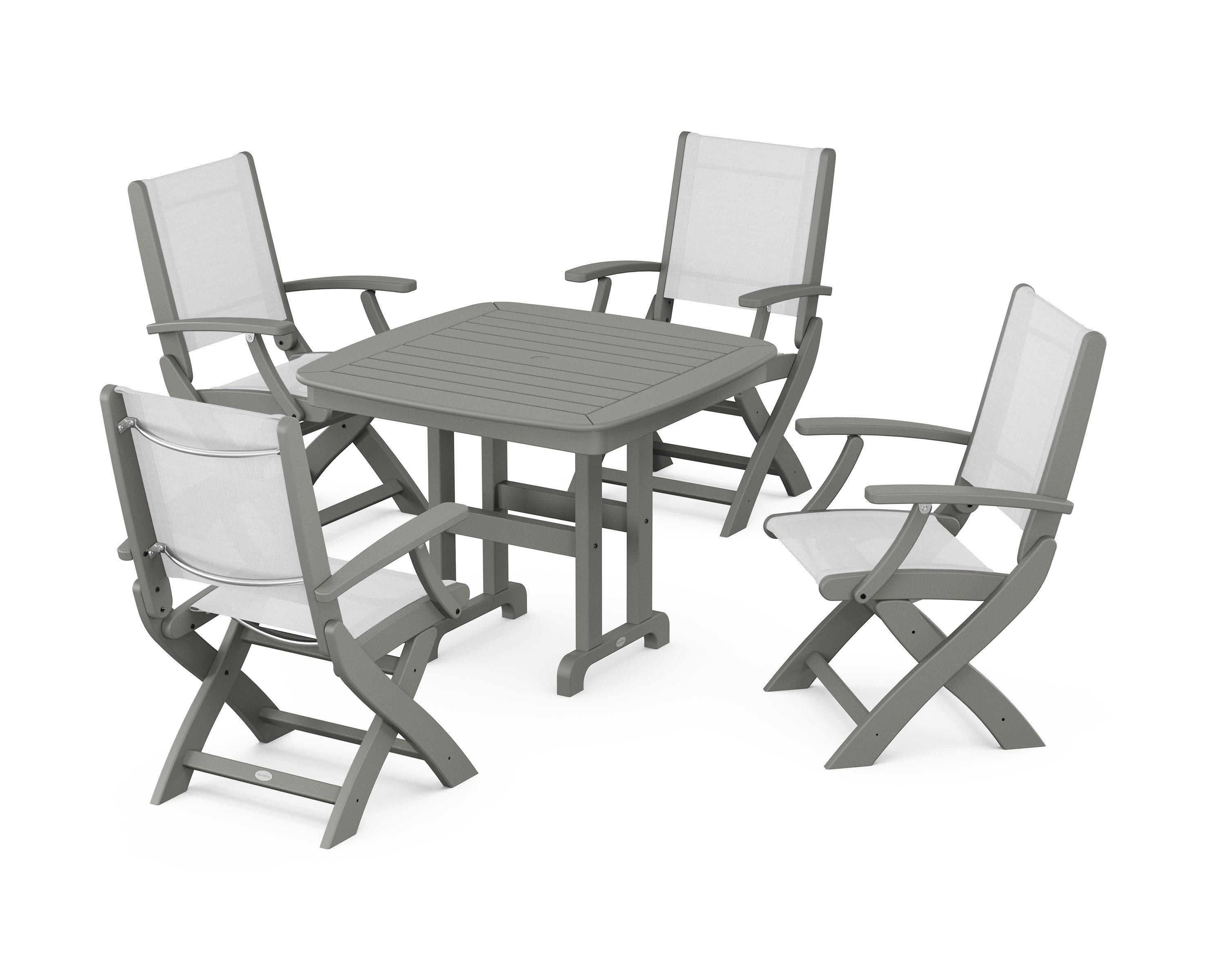 Coastal Folding Chair 5-Piece Dining Set in Slate Grey / White Sling