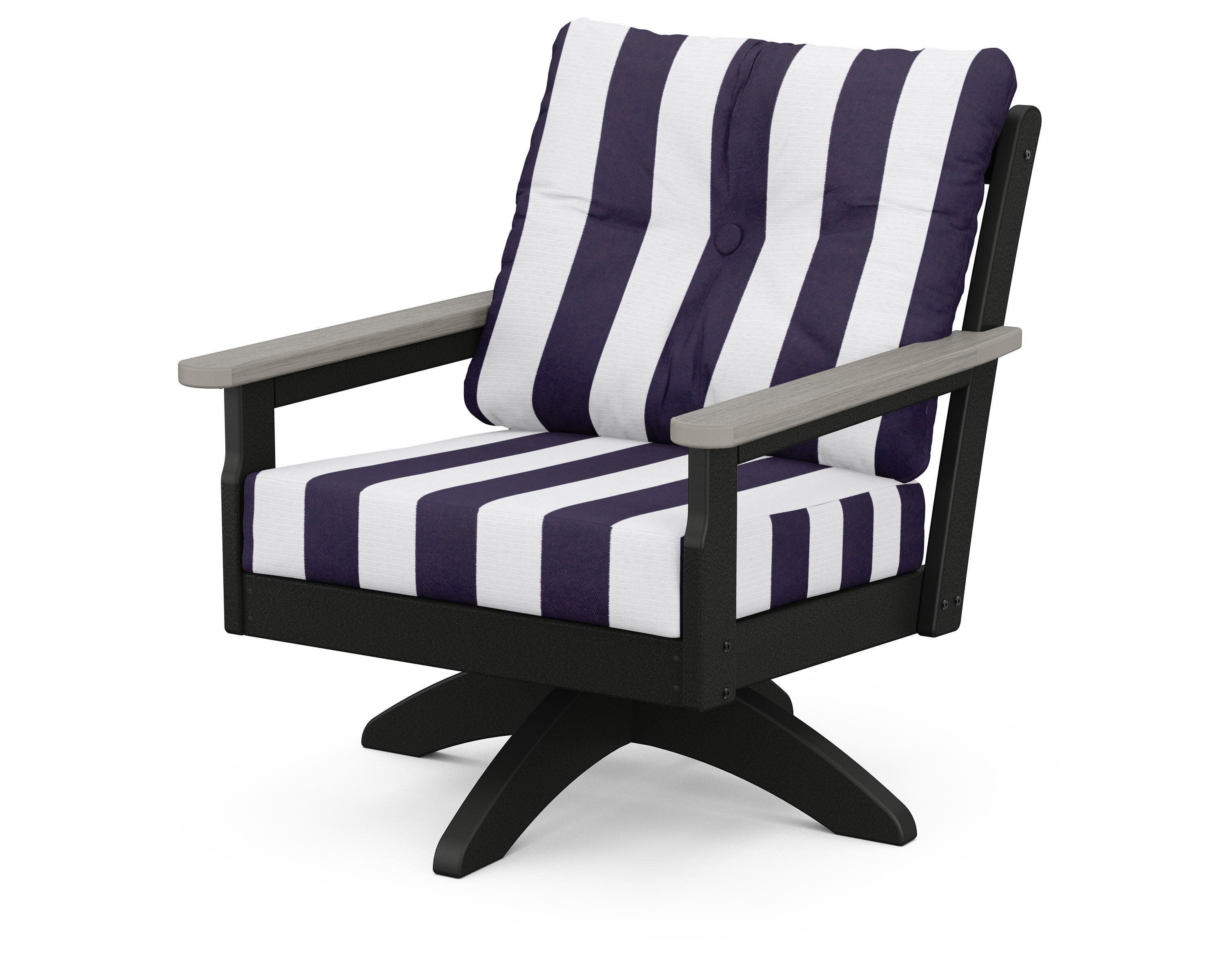 Vineyard Deep Seating Swivel Chair in Black / Driftwood / Cabana Stripe Navy