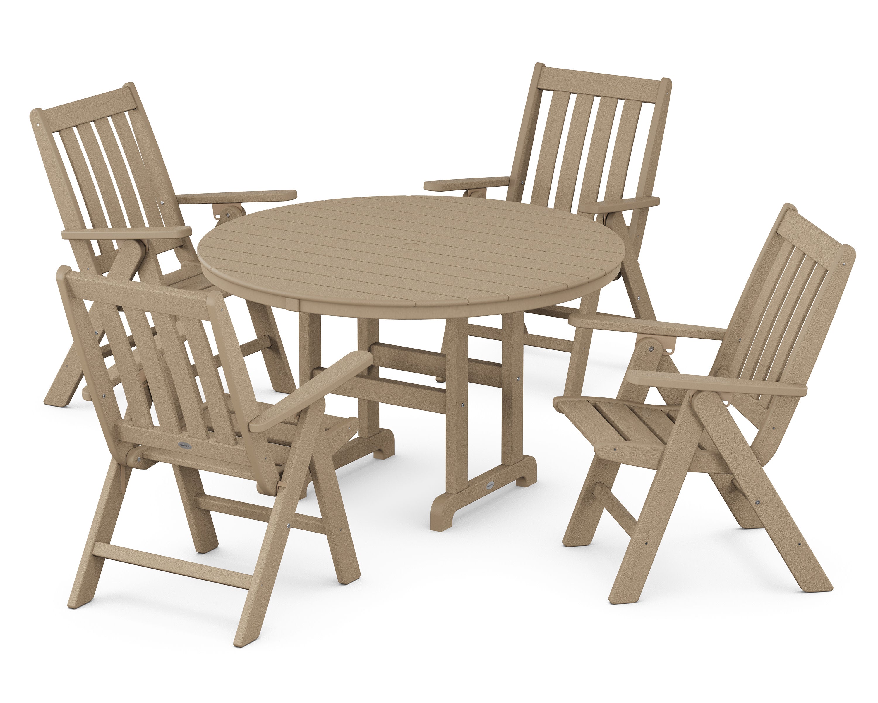 Vineyard Folding Chair 5-Piece Round Farmhouse Dining Set in Vintage Sahara