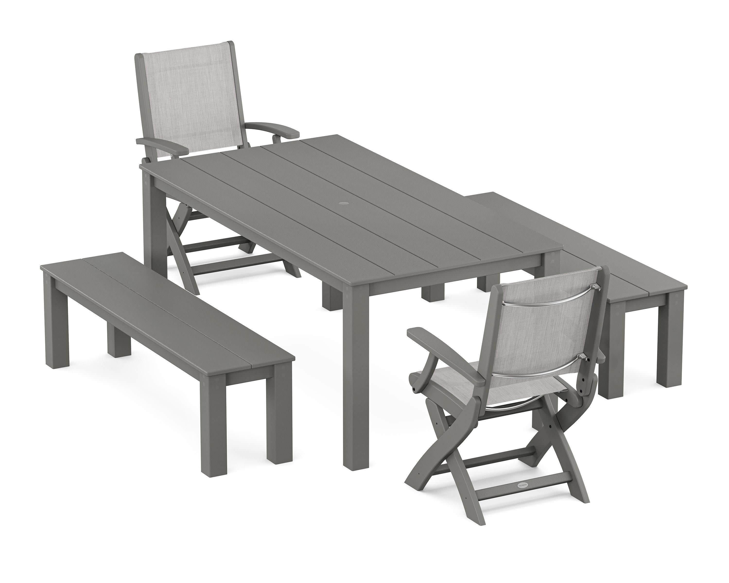 Coastal Folding Chair 5-Piece Parsons Dining Set with Benches in Sand / Dupioni Apricot Sling