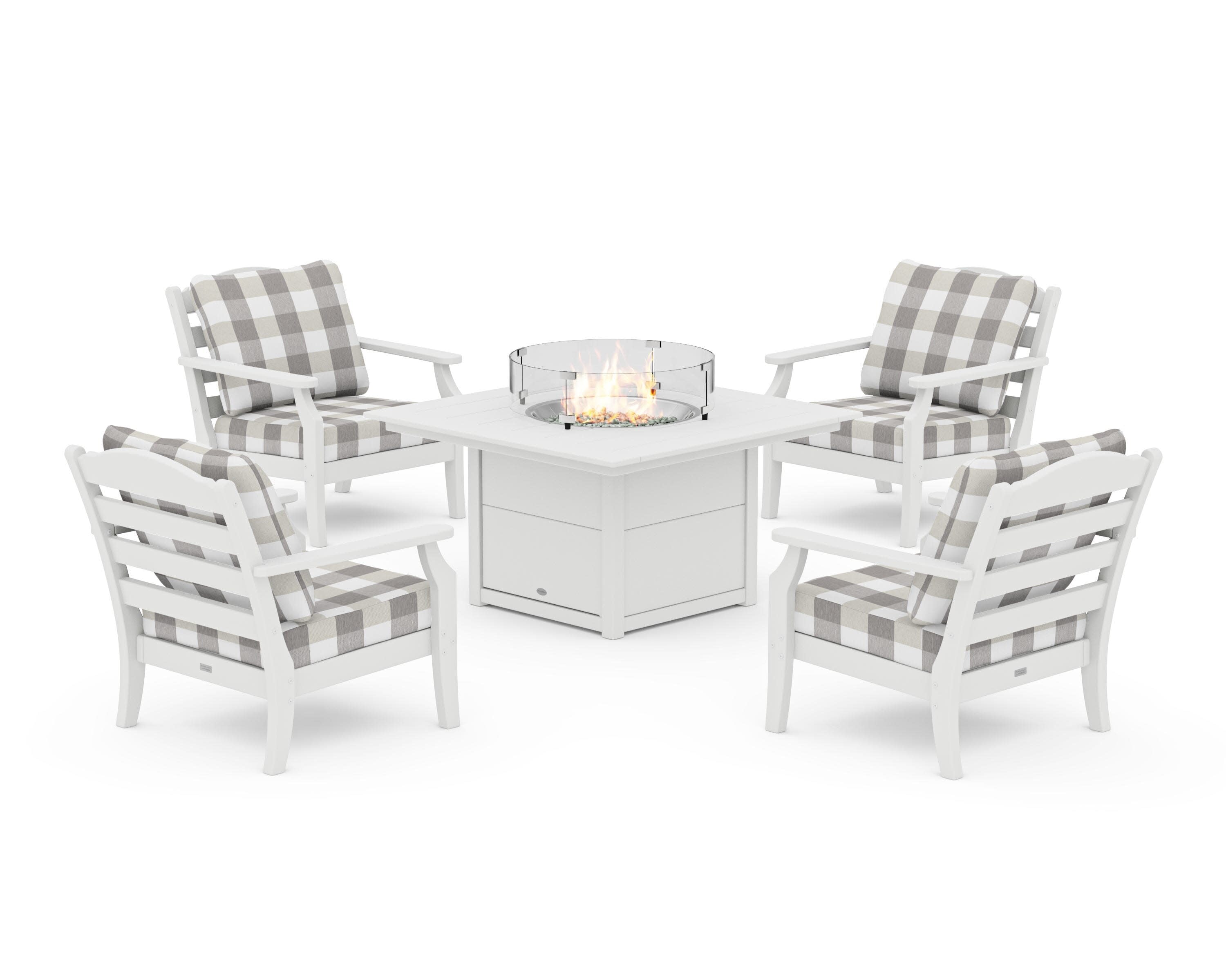 Savannah 5-Piece Deep Seating Set with Fire Pit Table in White / Buffalo Plaid Grey Mist
