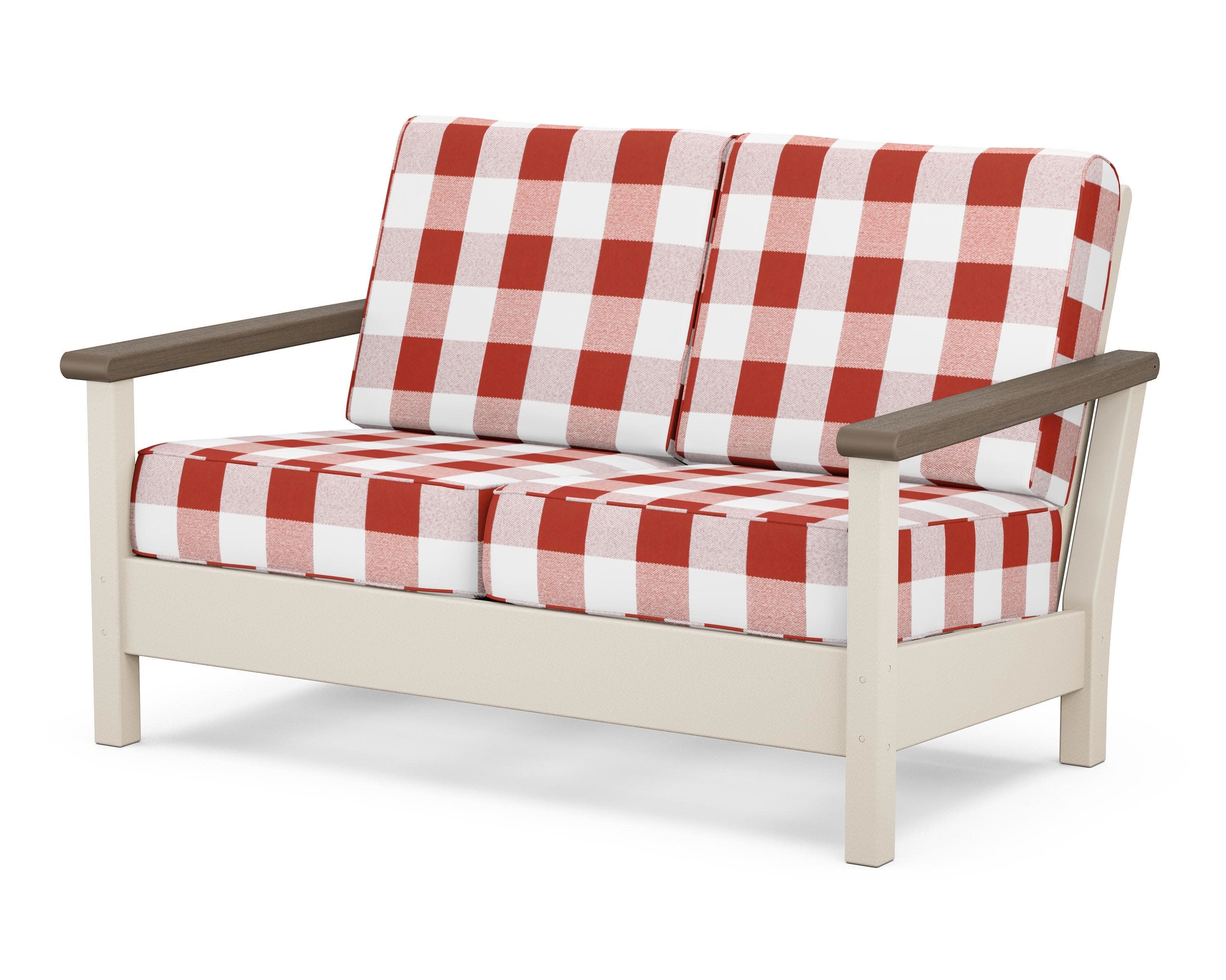 Harbour Deep Seating Loveseat in Sand / Kona / Buffalo Plaid Crimson