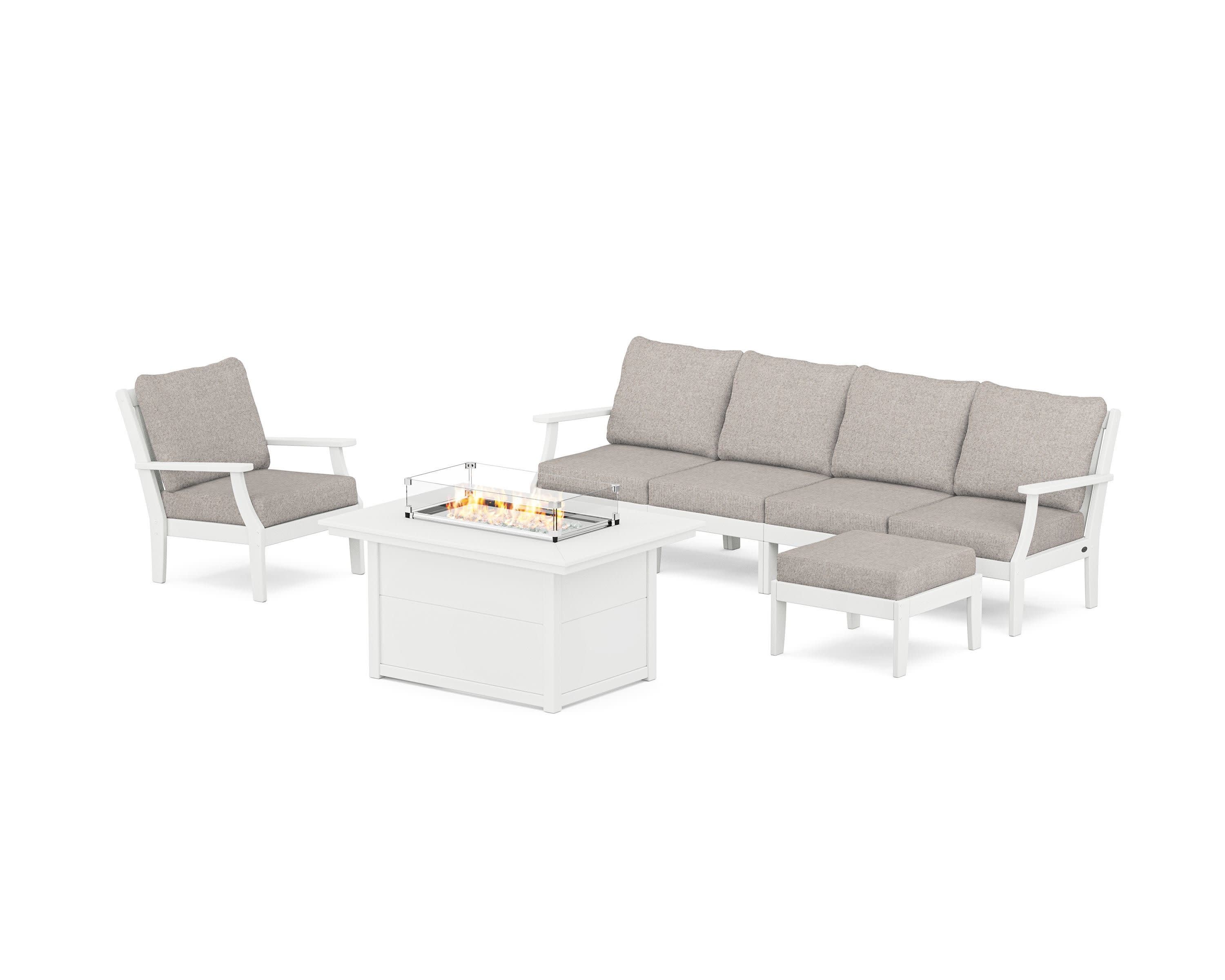 Braxton Sectional Lounge and Fire Pit Set in White / Weathered Tweed