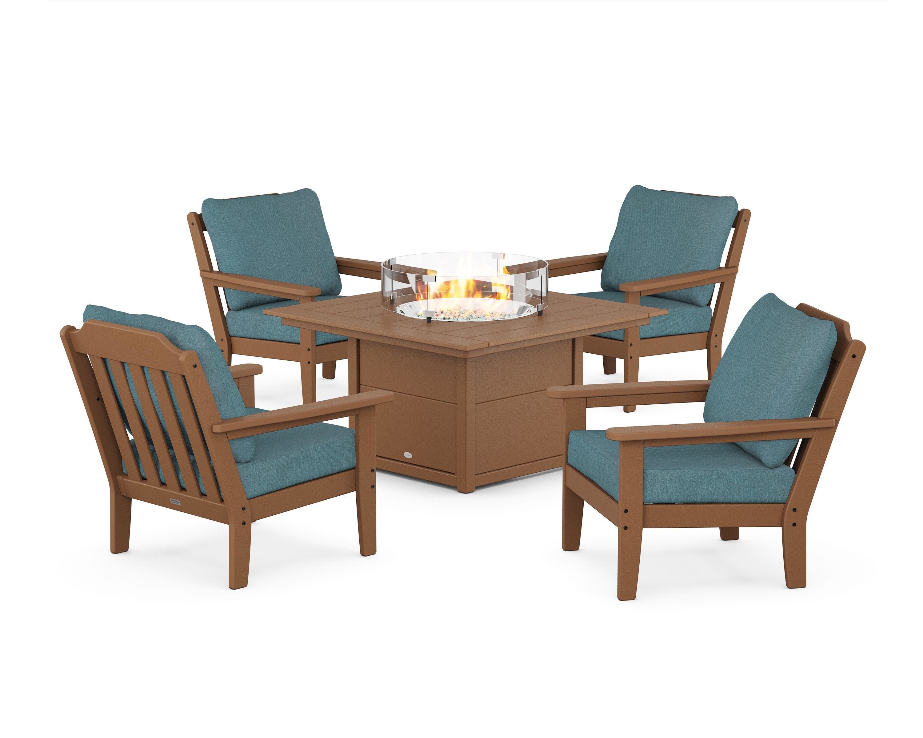 Cottage 5-Piece Deep Seating Set with Fire Pit Table in Teak / Ocean Teal