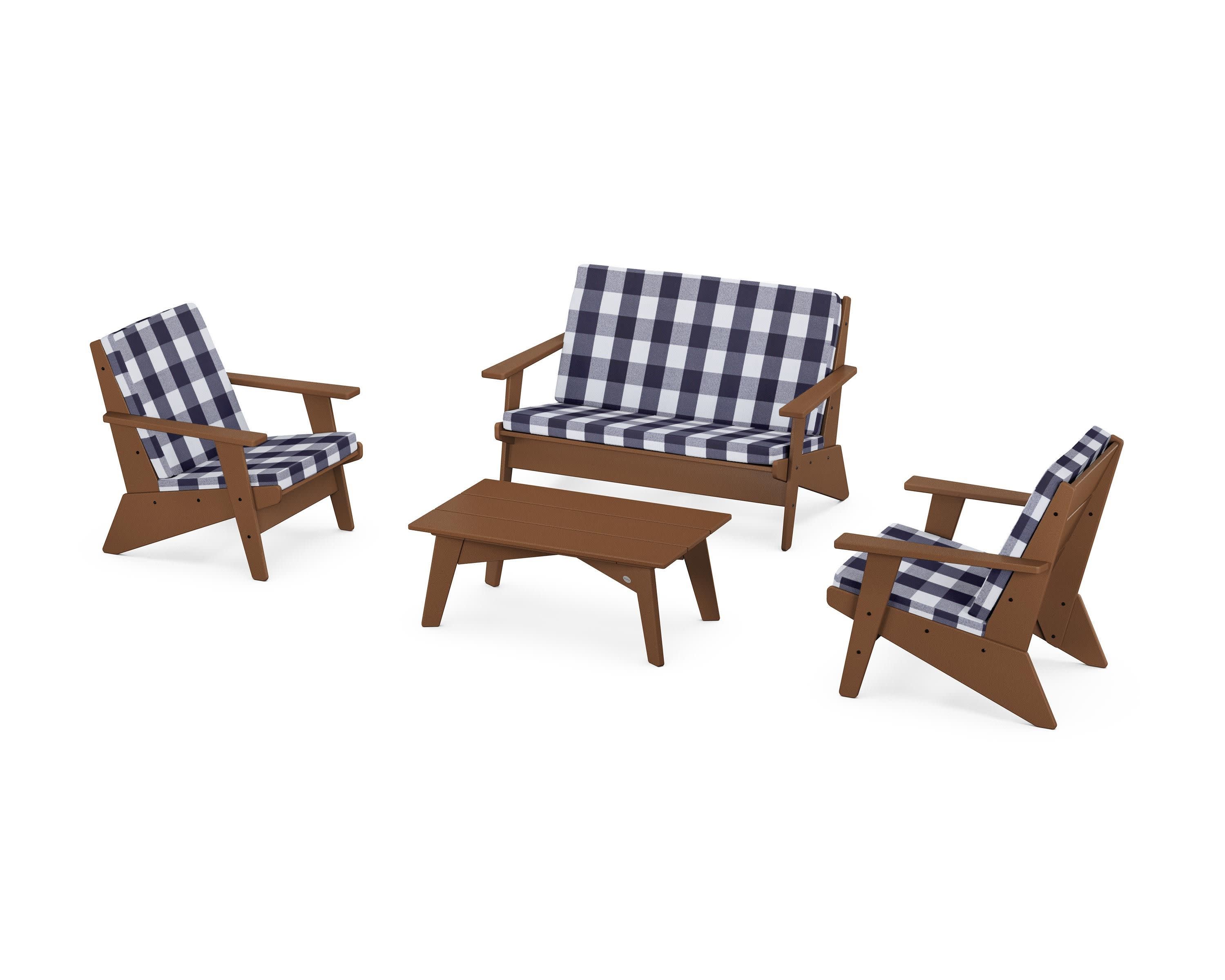 Riviera Modern Lounge 4-Piece Set in Teak / Buffalo Plaid Navy